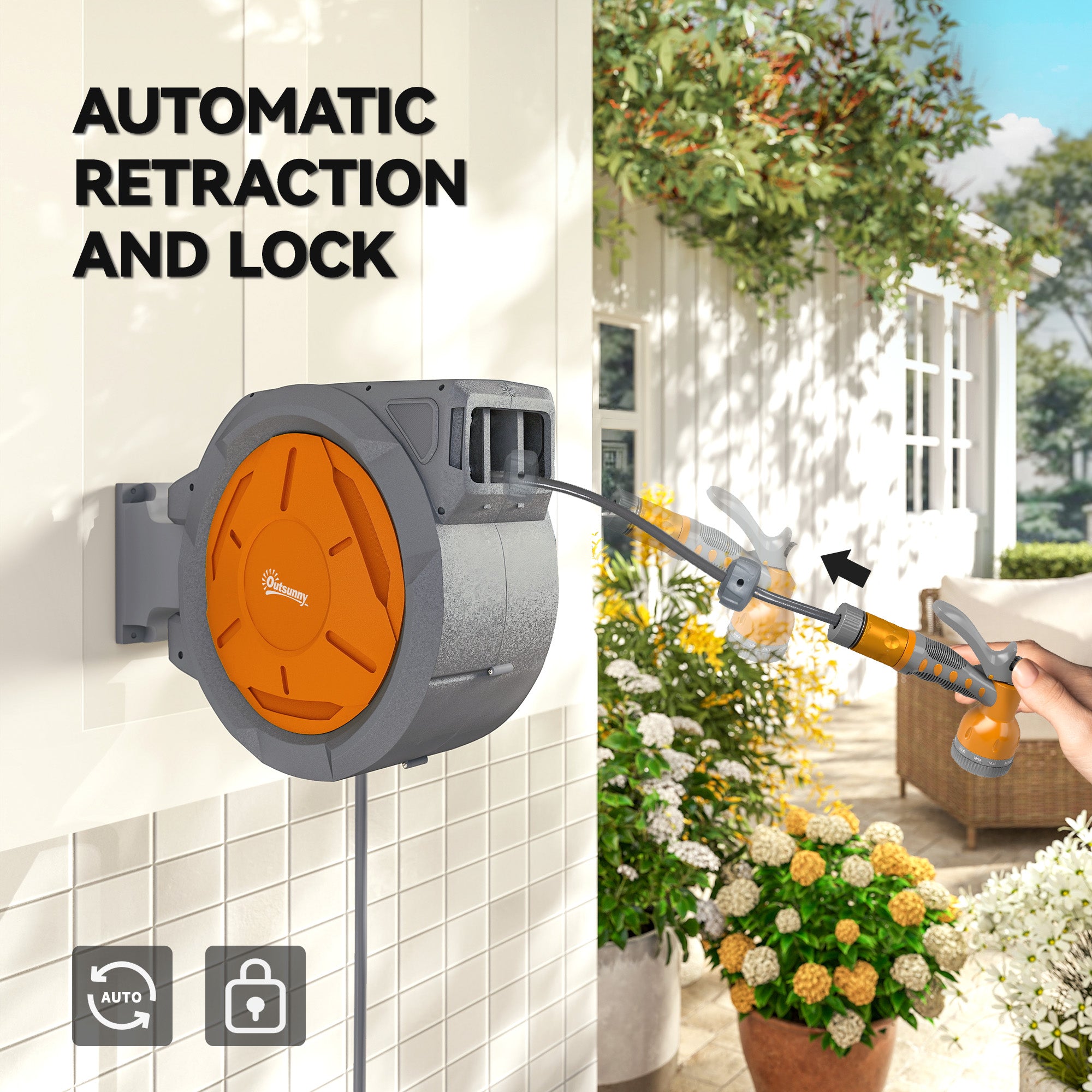 Retractable Hose Reel Wall Mounted, 30+2m Garden Hose Pipe Reel with Lock, Auto Rewind, 7 in 1 Spray Nozzle, Includes Wall Fixings, 180° Swivel, Outdoor Watering, 59 x 23 x 42 cm, Orange