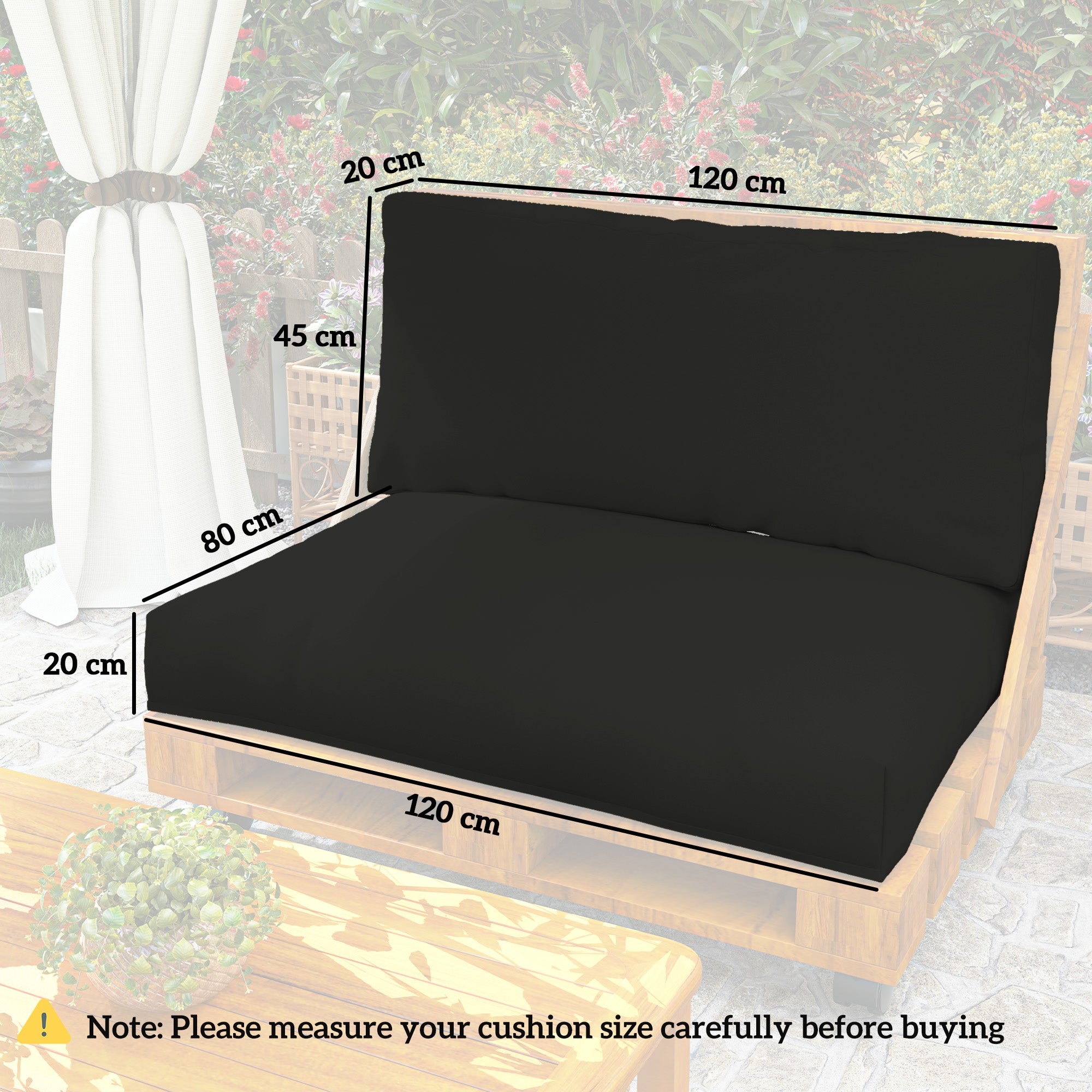 2 Seater Pallet Furniture Cushions Set - Black Outdoor Cushions with UPF20+ Fabric