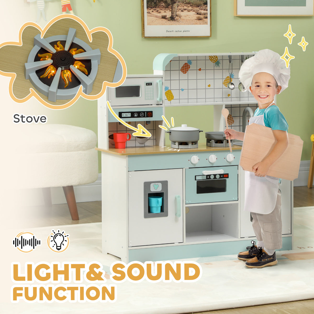 Toy Kitchen Playset with Hob, Sound & Light, Coffee Machine, Ice Maker, Microwave - White & Blue