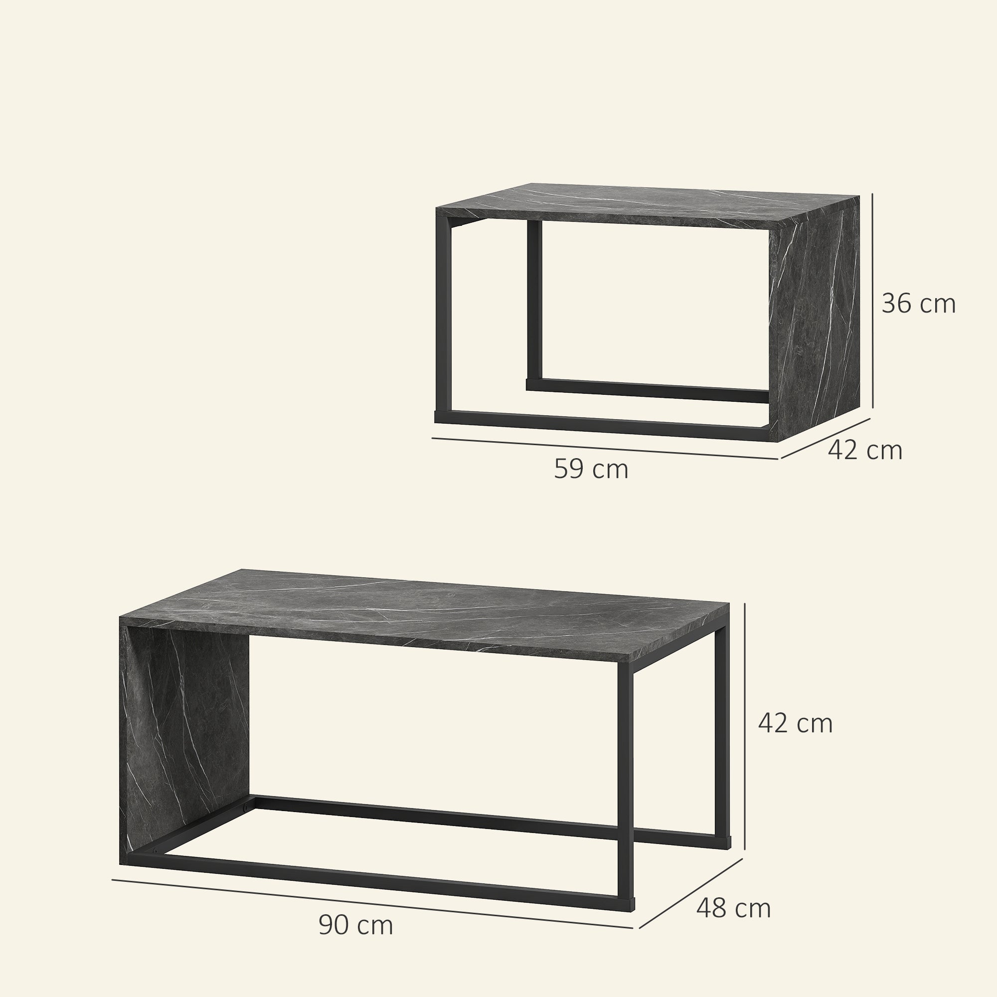 Nesting Coffee Table Set of 2, Industrial Stacking Side End Tables with Metal Frame for Living Room, Bedroom, Dark Grey Marble Effect