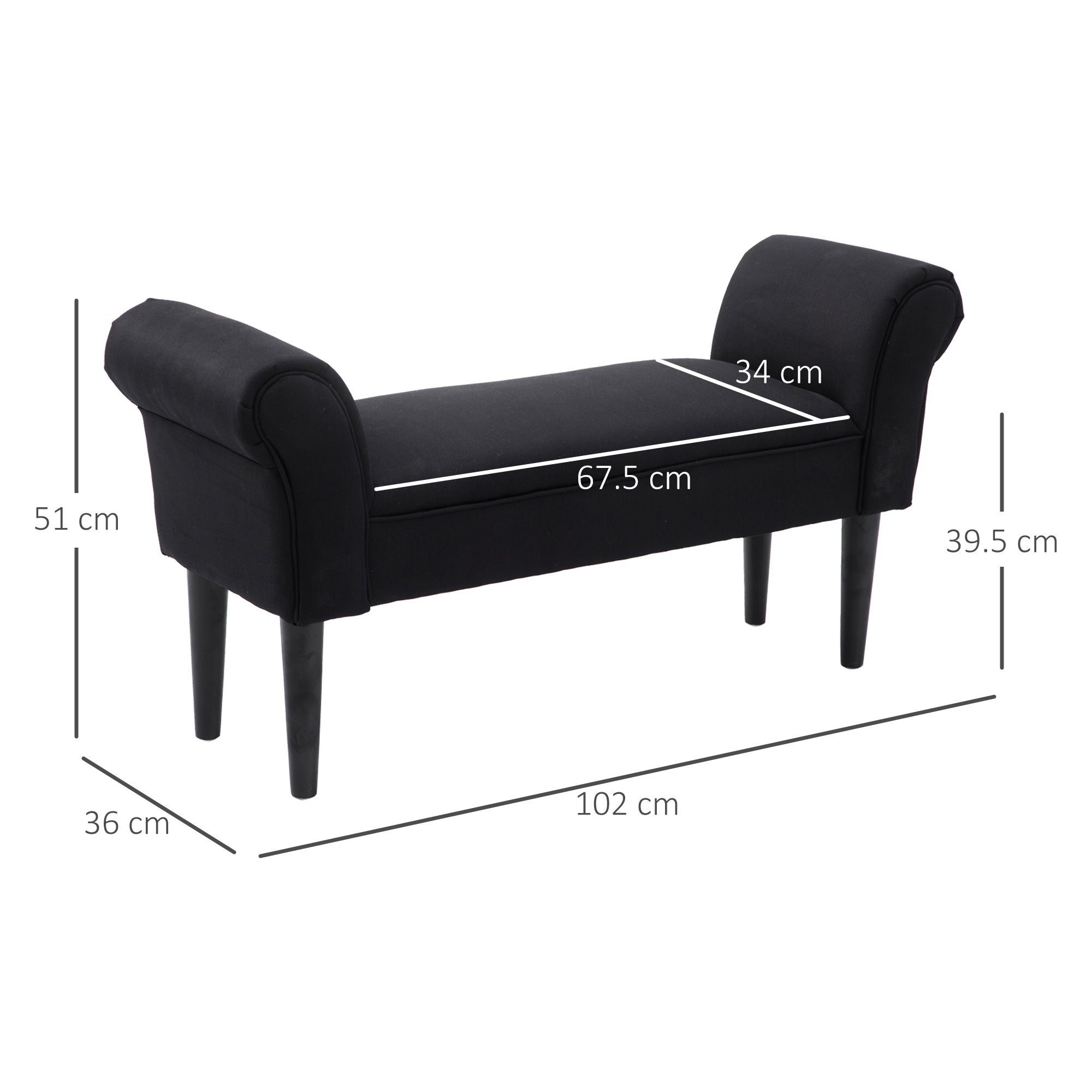 Small-sized Bed End Side Chaise Lounge Sofa Window Seat Arm Bench Wooden Leg Fabric Cover (Black)