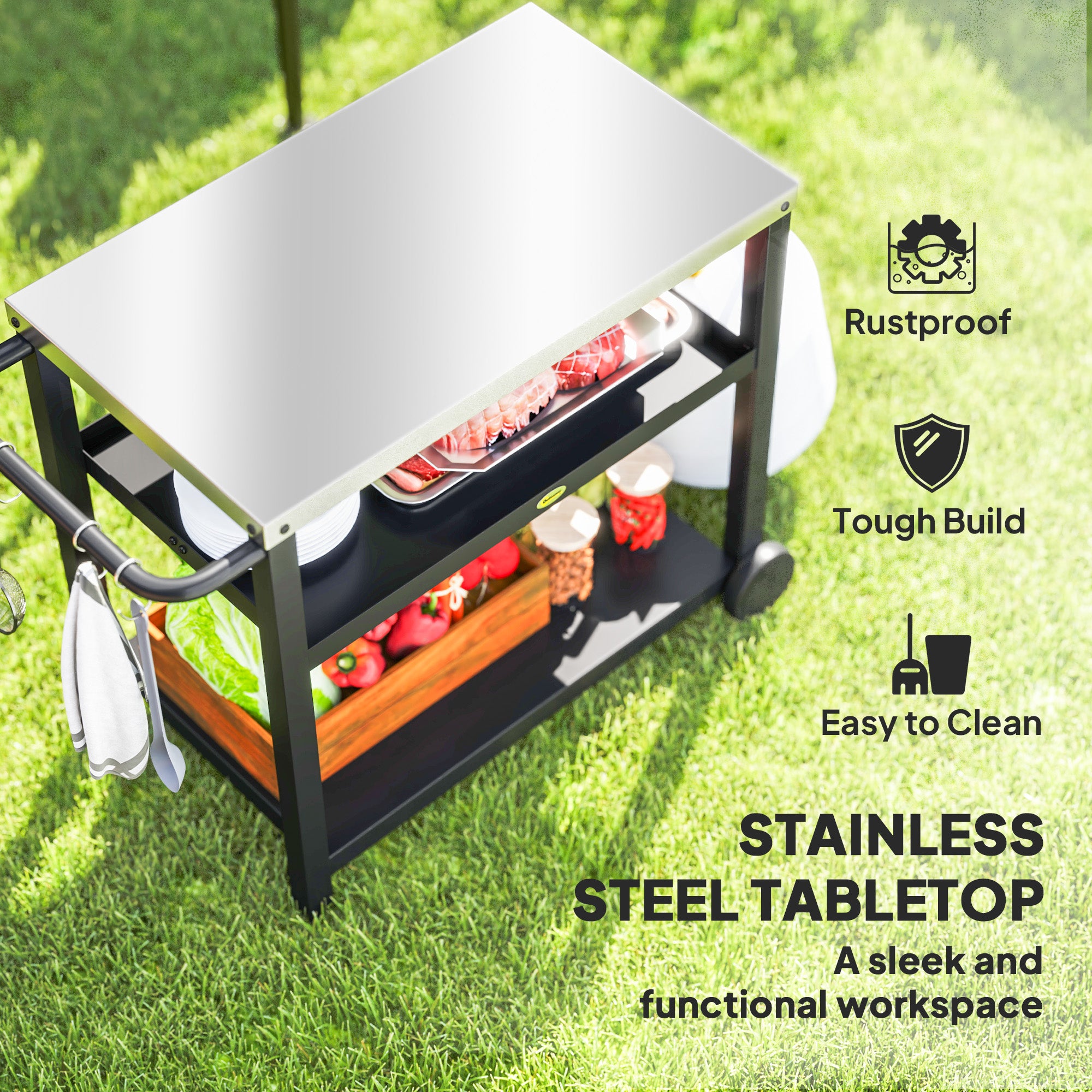 Outdoor Grill Dining Cart 3-Shelf Movable Pizza Oven Table Stand with Stainless Steel Top, Portable BBQ Trolley Food Prep Outdoor Kitchen BBQ Station with Hooks Wheels Handle, Charcoal Grey