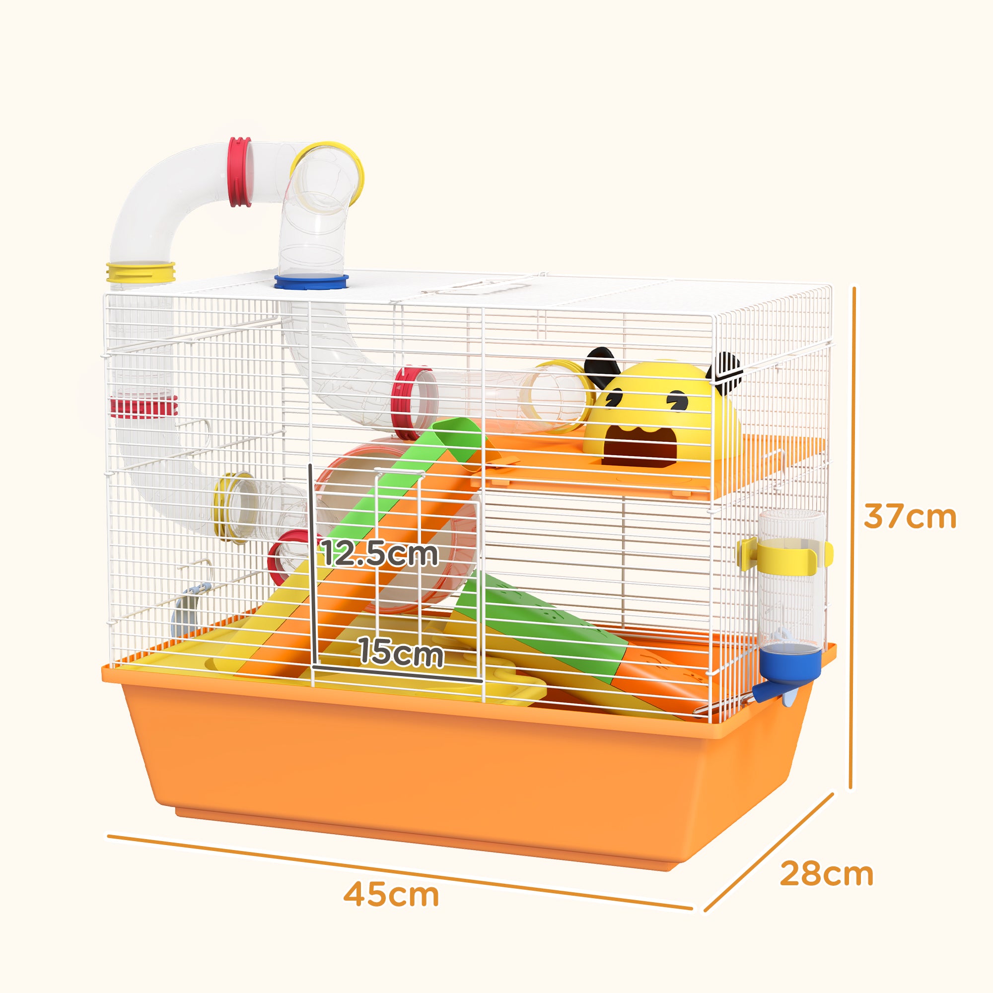 3 Tiers Gerbil Cage, Hamster Cage with Tubes, Exercise Wheel, Ladder, Top Handle, 45 x 28 x 37cm - Orange