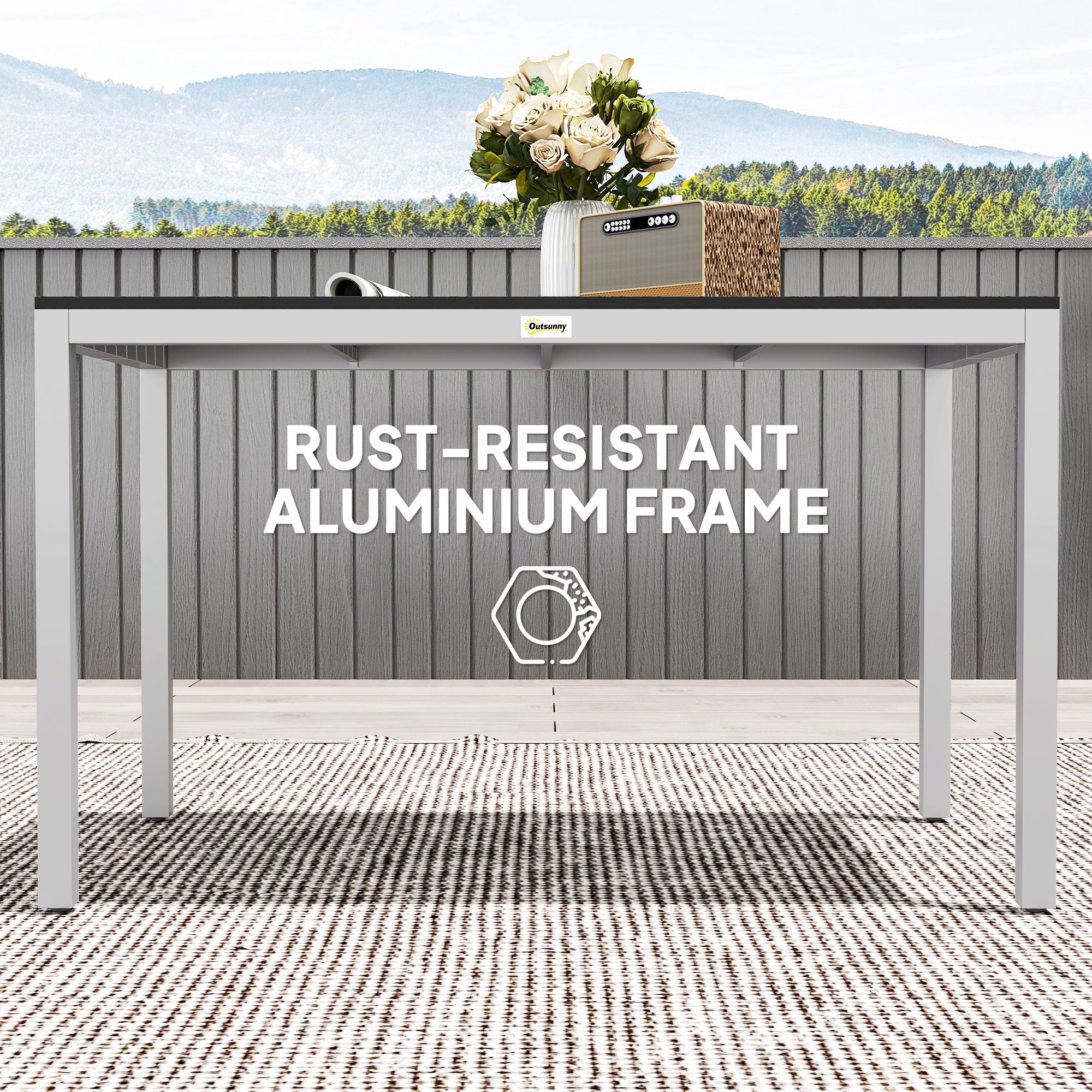 Garden Table for 4-6, 120 x 70 cm Outdoor Dining Table with Rust-Resistant Aluminium Frame, Easy Maintenance Slatted Top, for Patio, Terrace, Balcony, Black