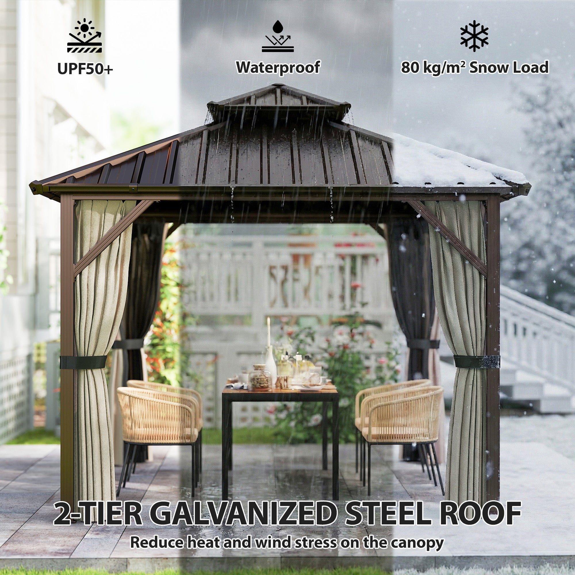 3x3 m Hardtop Gazebo Canopy with UPF50+ Double Galvanised Steel Roof, Aluminium Garden Gazebo Permanent Pavilion, Brown