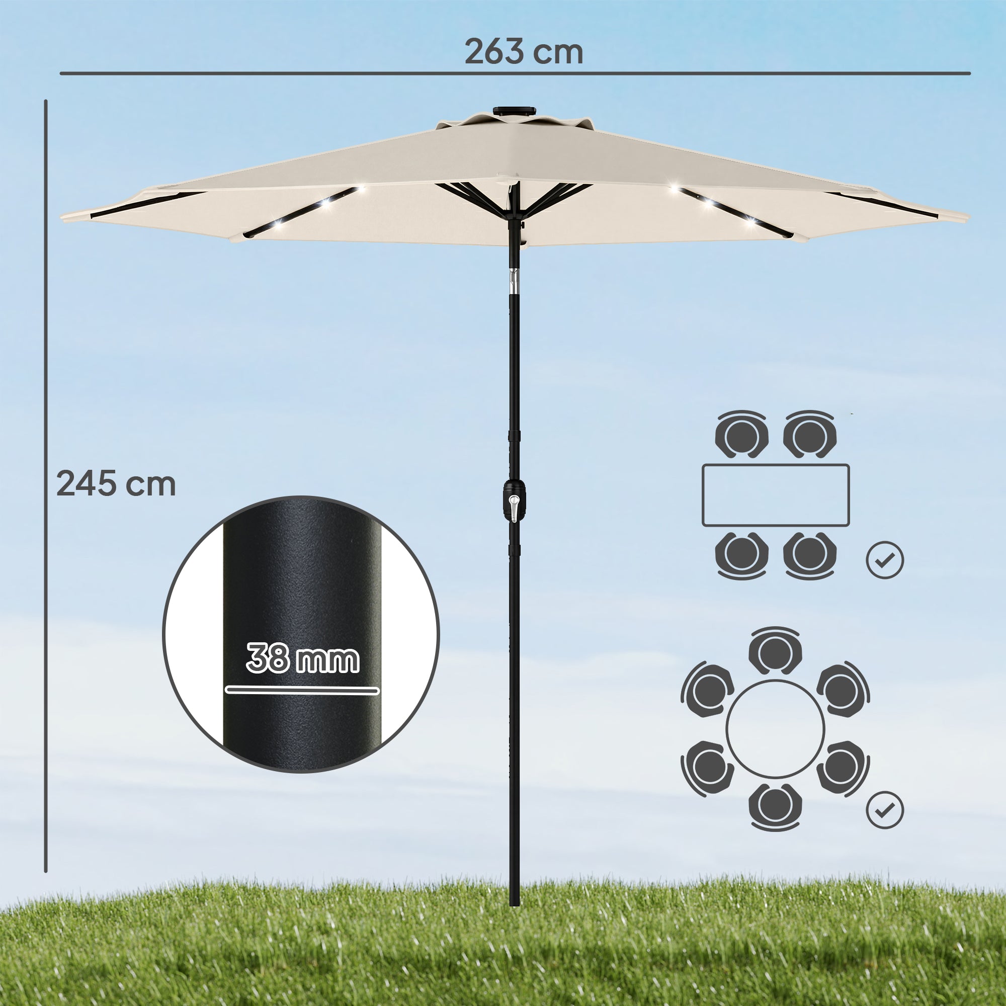 2.6 m Garden Parasol Umbrella with LED Solar Light, Parasol Cover, Outdoor Market Patio Umbrella, Cream White