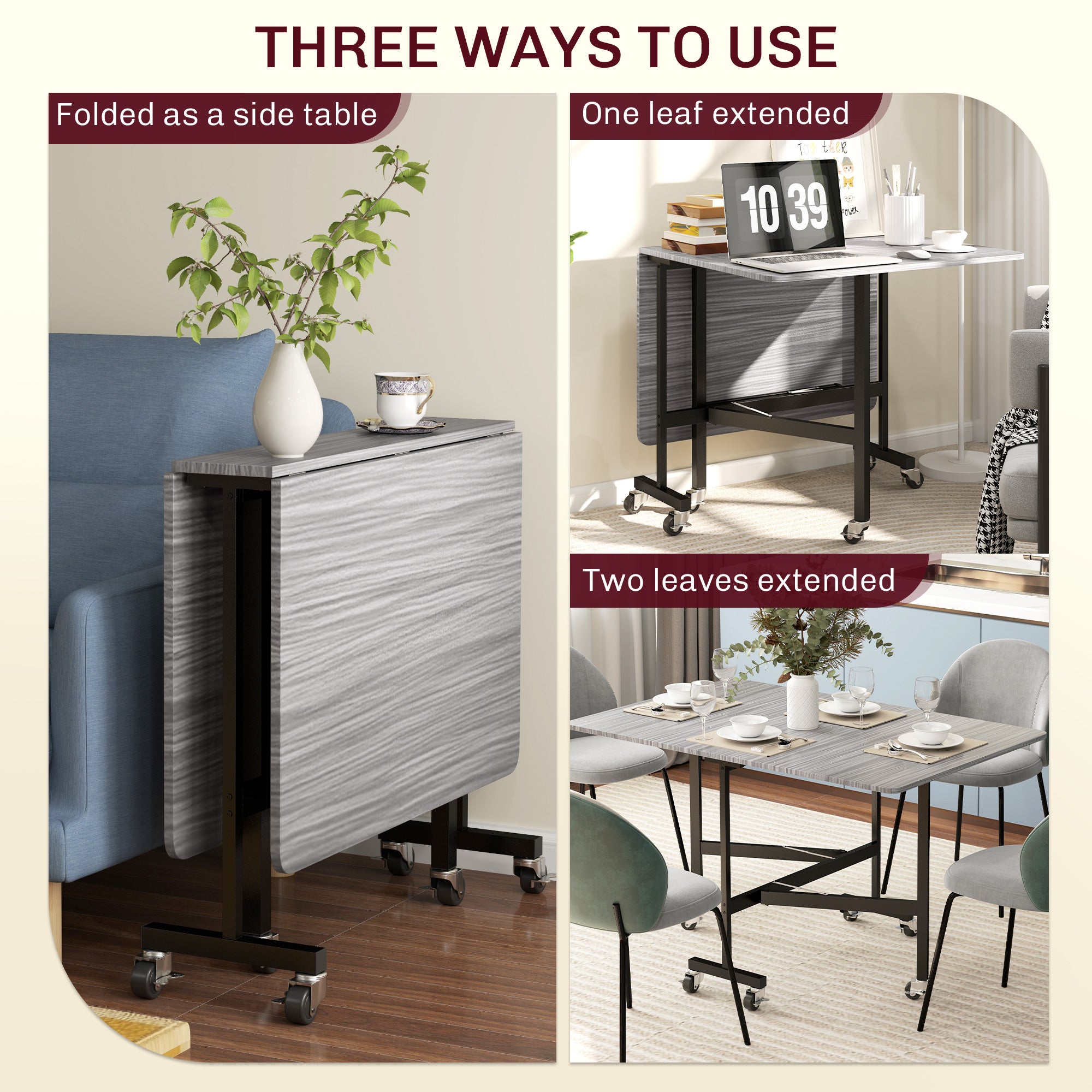 Six-Seater Drop-Leaf Dining Table with Wheels - Grey Wood-Effect