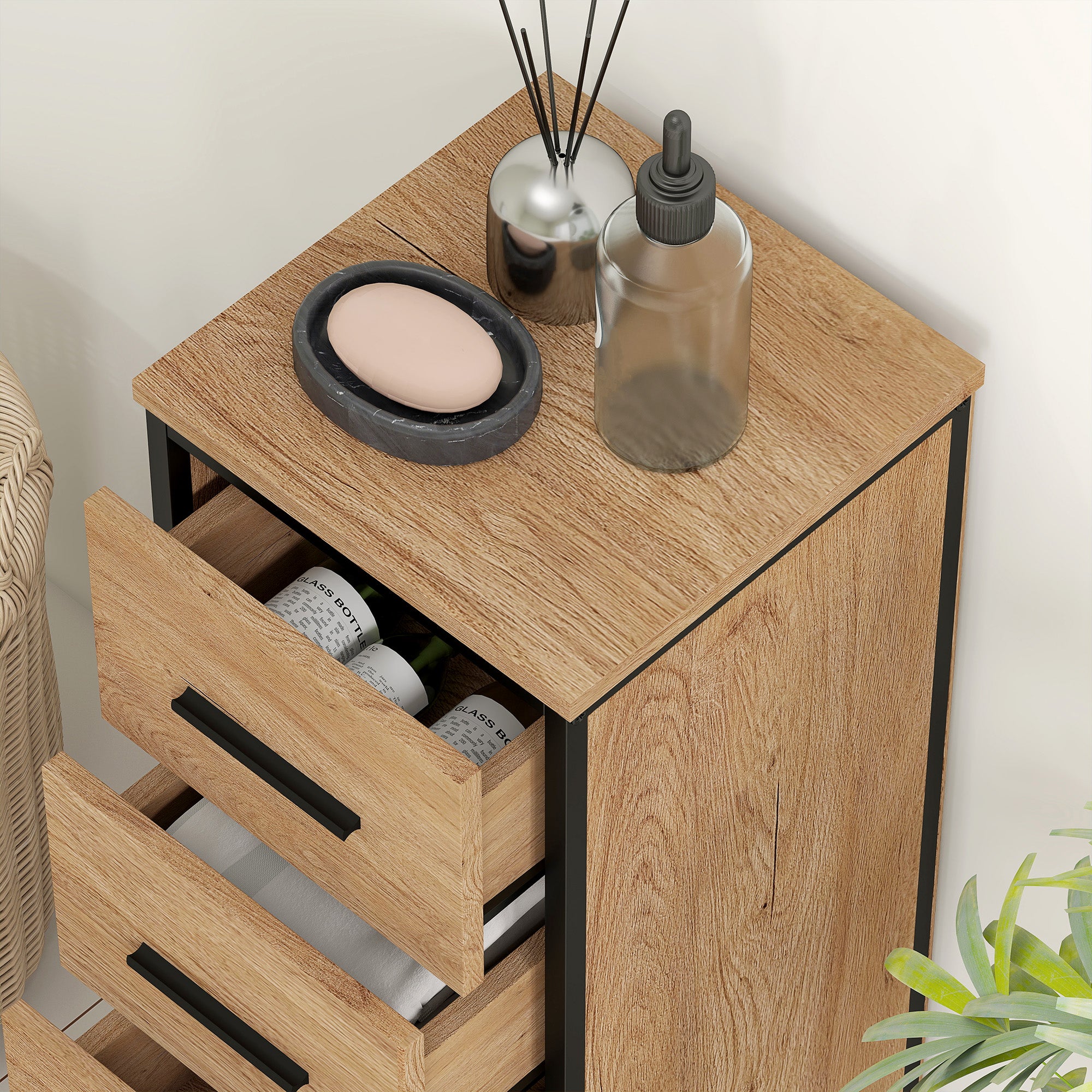 Narrow Bathroom Storage Cabinet with 4 Drawers - Oak