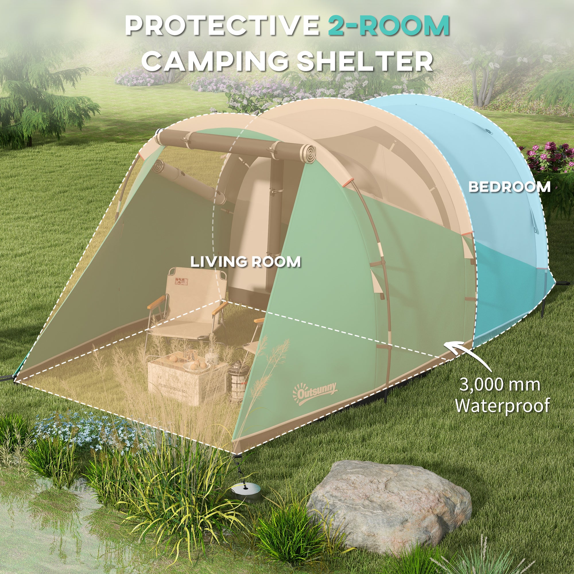 Spacious Three-Person Tunnel Tent with Water-Resistant Design - Green