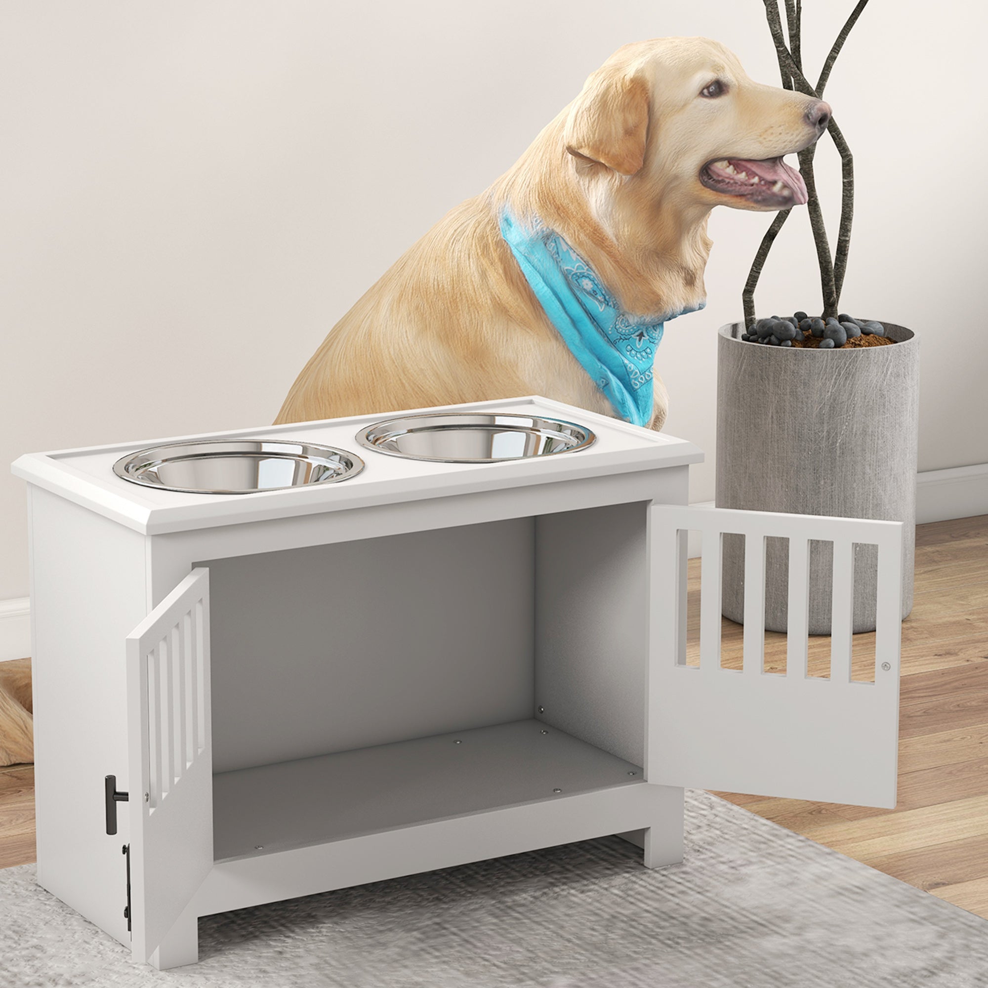 Raised Dog Bowls, Pet Feeding Station, with Storage, Food and Water Bowls, for Large Dogs - White