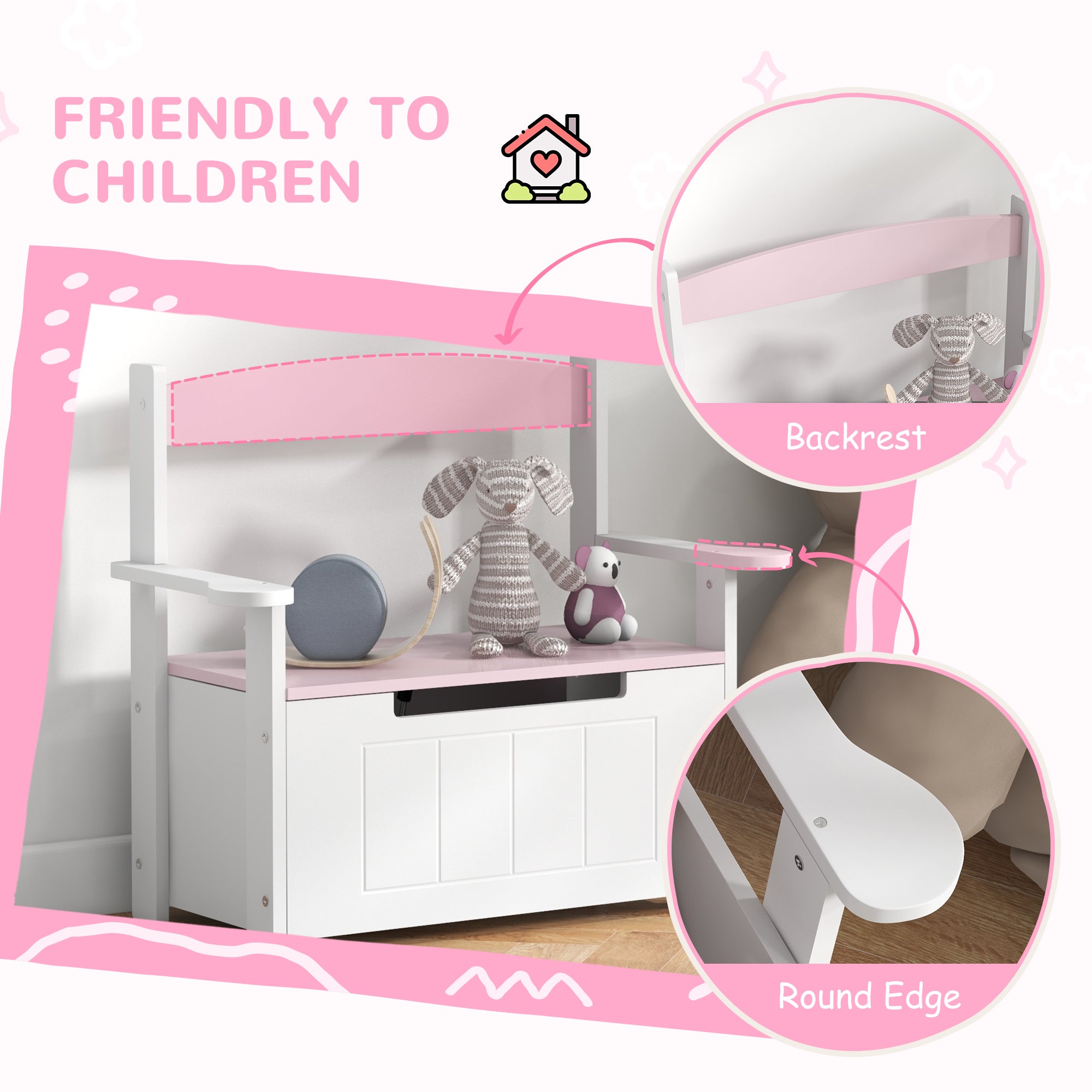 2-in-1 Toy Box for Kids with Lid for Bedroom, Nursery, Playroom, Pink