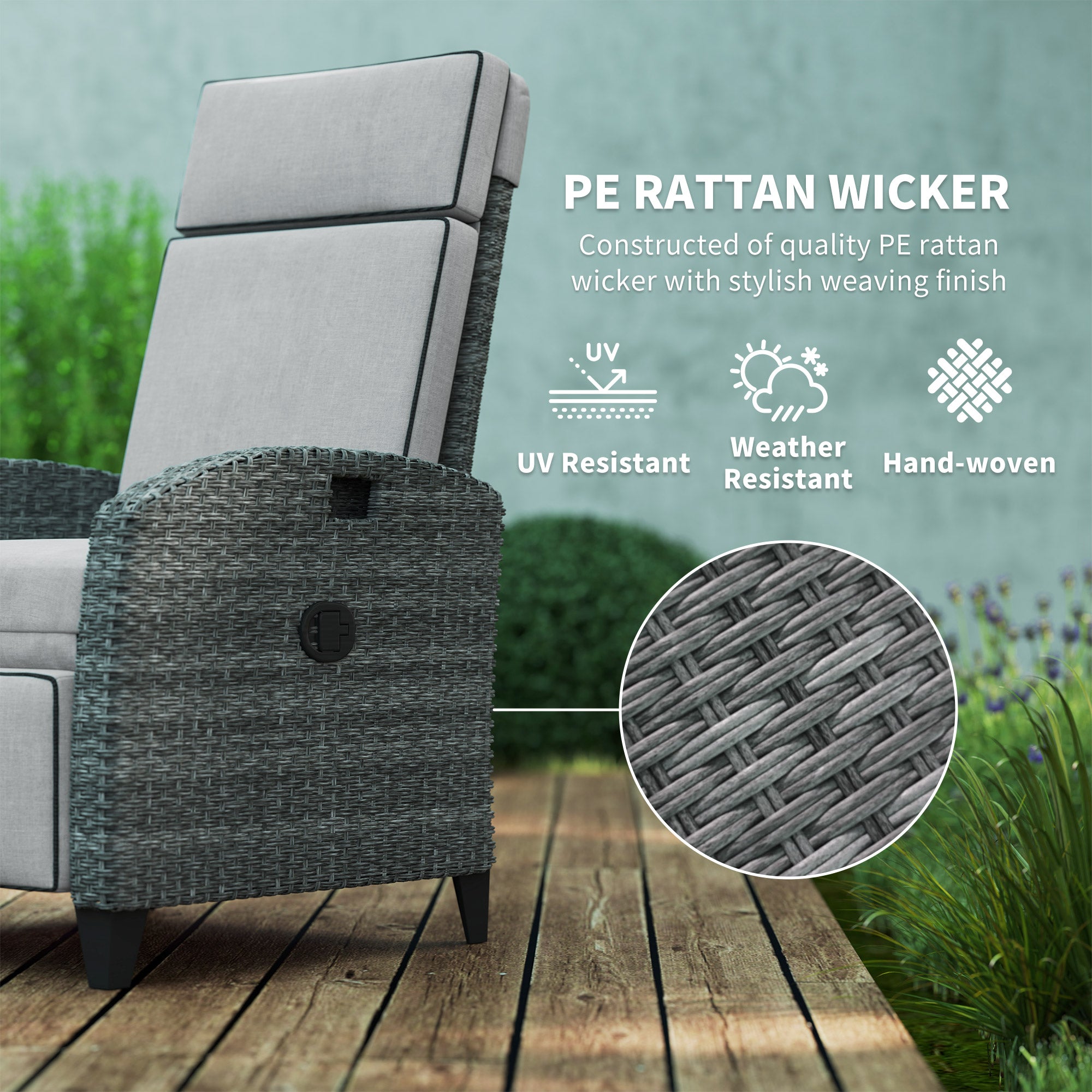 Outdoor Recliner Chair with Adjustable Backrest, Footrest, Cushion & Side Tray - Light Grey