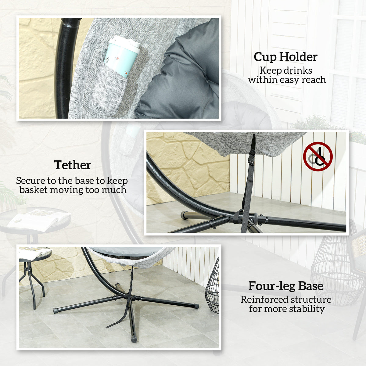 Hanging Egg Chair with Stand and Thick Cushions - Grey