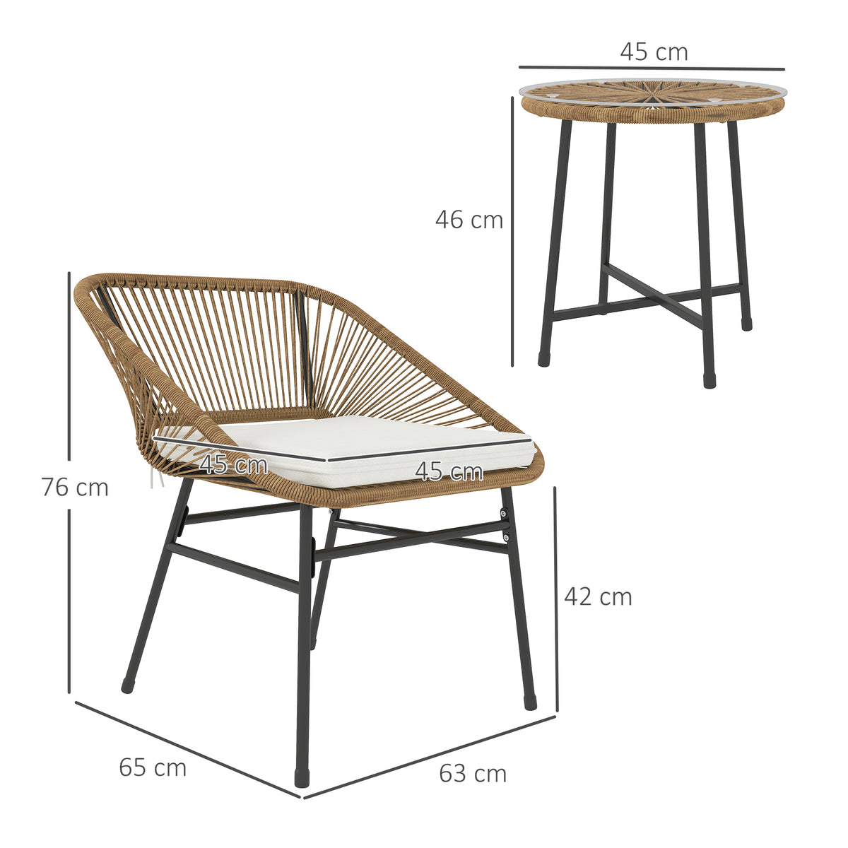 3 Pieces Rattan Bistro Set with Cushions and Glass Top Table for Outdoor Patio Balcony - Natural