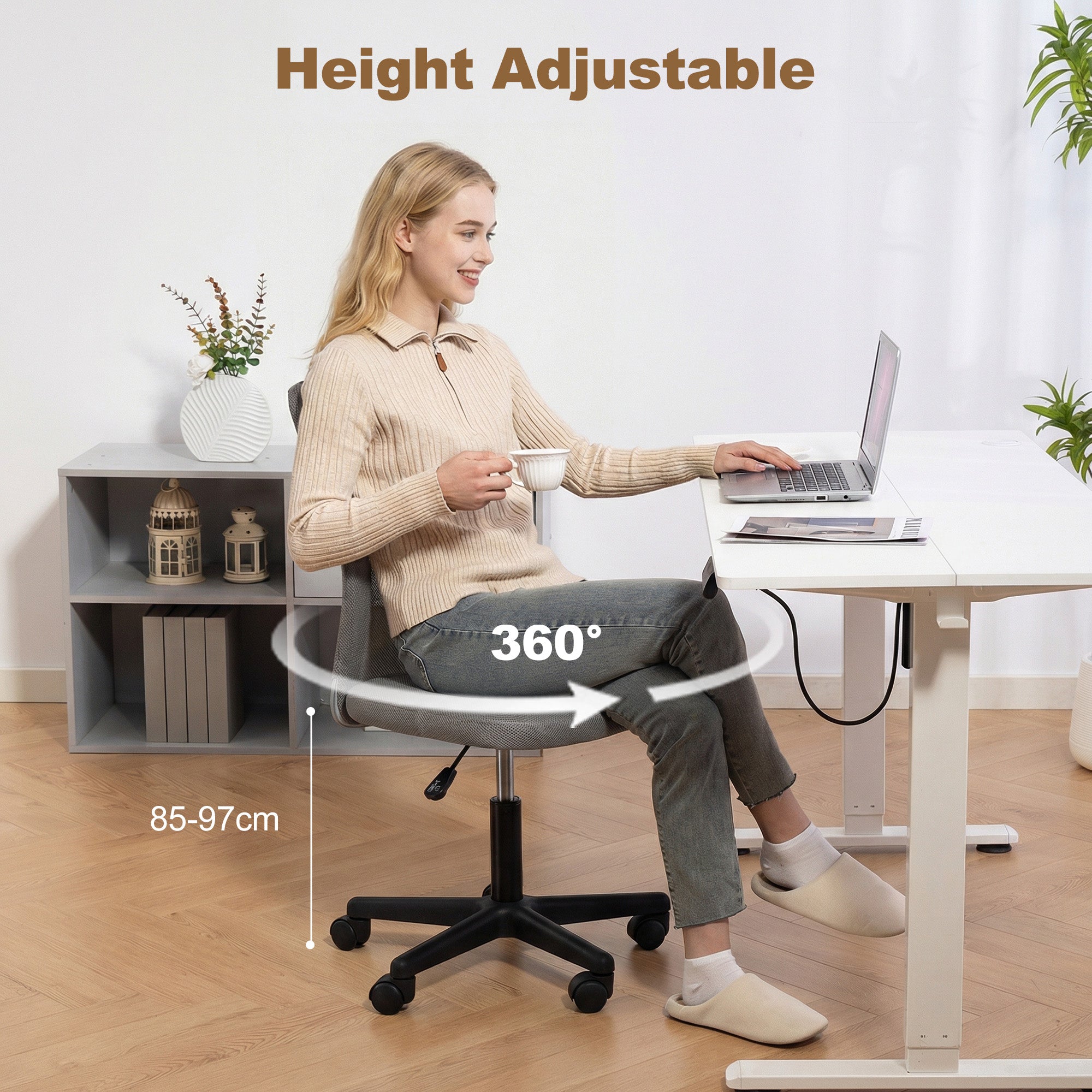 Computer Desk Chair, Mesh Office Chair with Adjustable Height and Swivel Wheels, Armless Study Chair, Grey