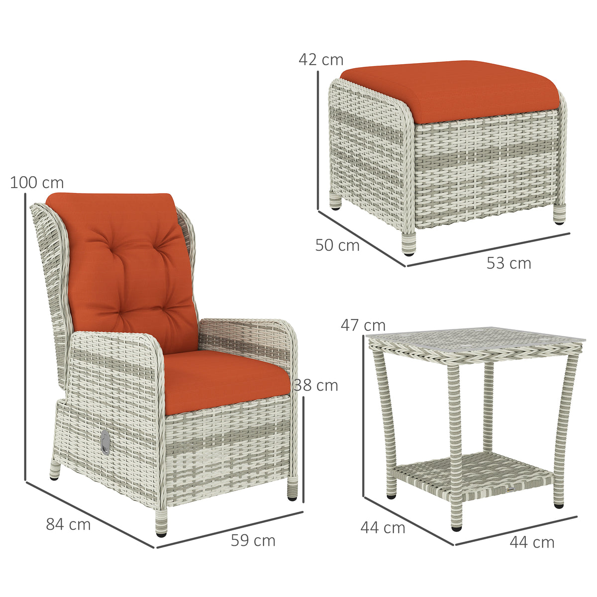 5 Piece Rattan Bistro Set with Cushions and Glass Table Top - Orange