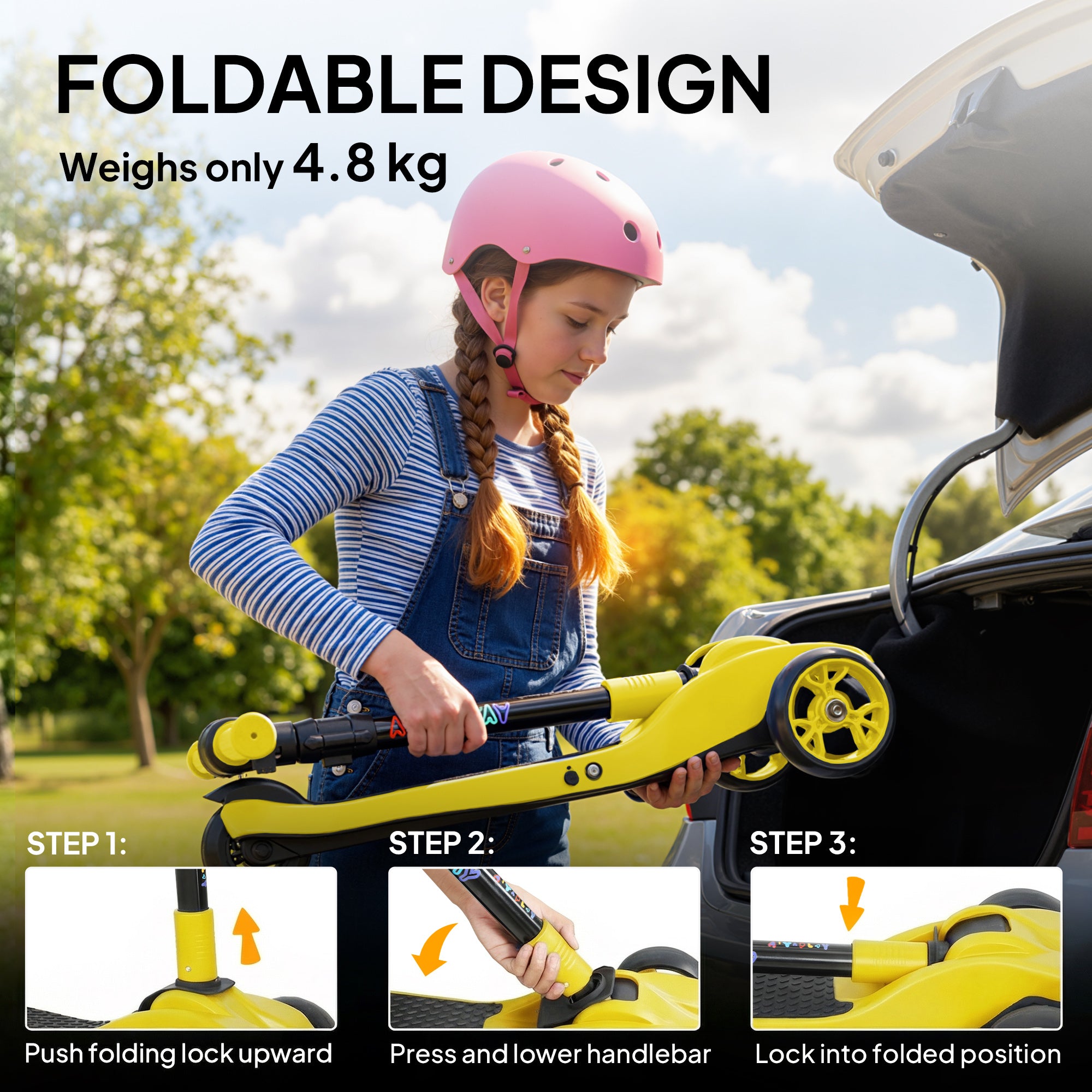 Three-Wheel Foldable Electric Scooter for Kids Aged 6-10 Years, Yellow