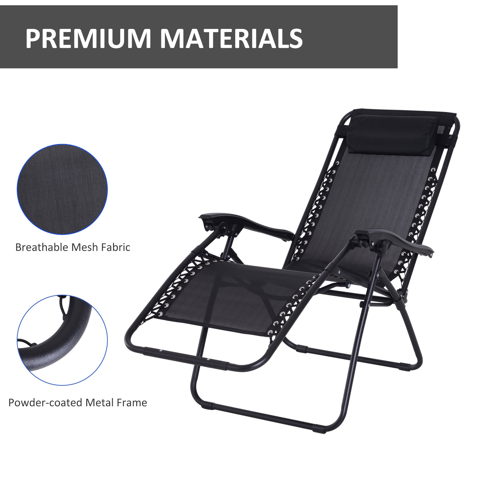 Zero Gravity Chair Set of 2, Metal Frame Texteline Armchair Outdoor Folding and Reclining Sun Lounger with Head Pillow for Patio Decking Gardens Camping, Black