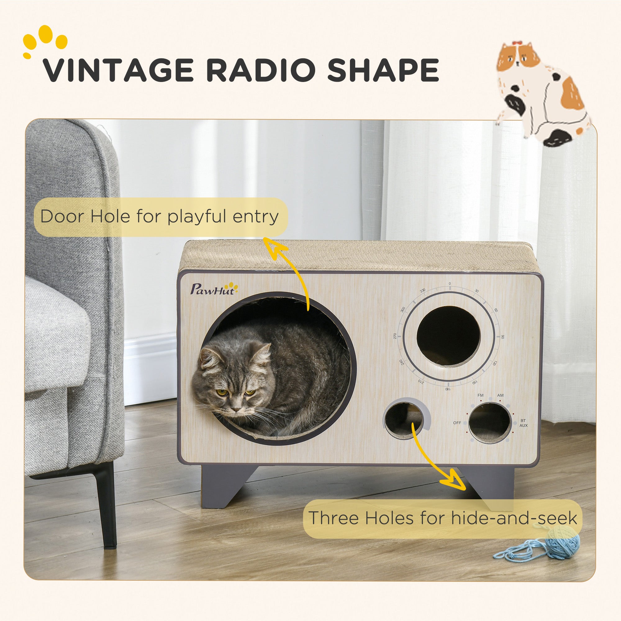 2 in 1 Cat Scratcher, Radio Shape Cat House with Catnip, 57 x 24.5 x 39cm, Natural Wood Finish