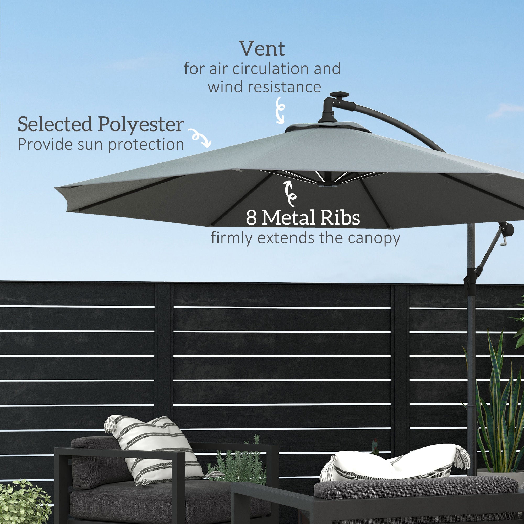 3(m) Cantilever Parasol with Solar LED Lights, Garden Umbrella with Cross Base and Crank Handle, Hanging Offset Banana Sun Shade for Outdoor, Patio, Grey