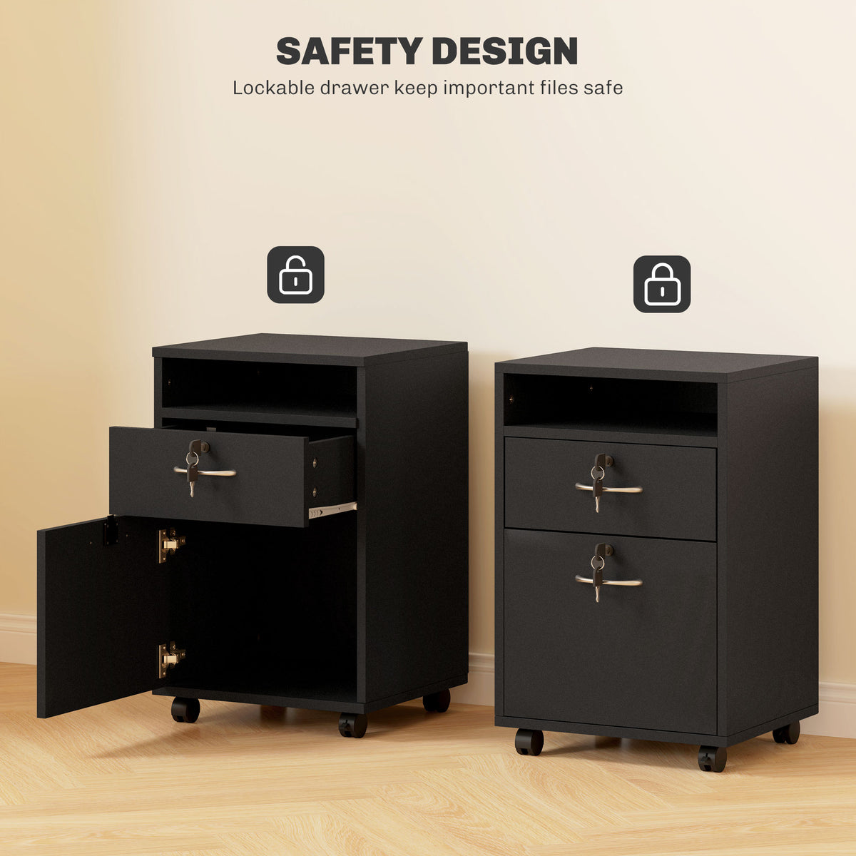 60cm Mobile Filing Cabinet with Drawer, Open Shelf, Locks & Wheels - Black