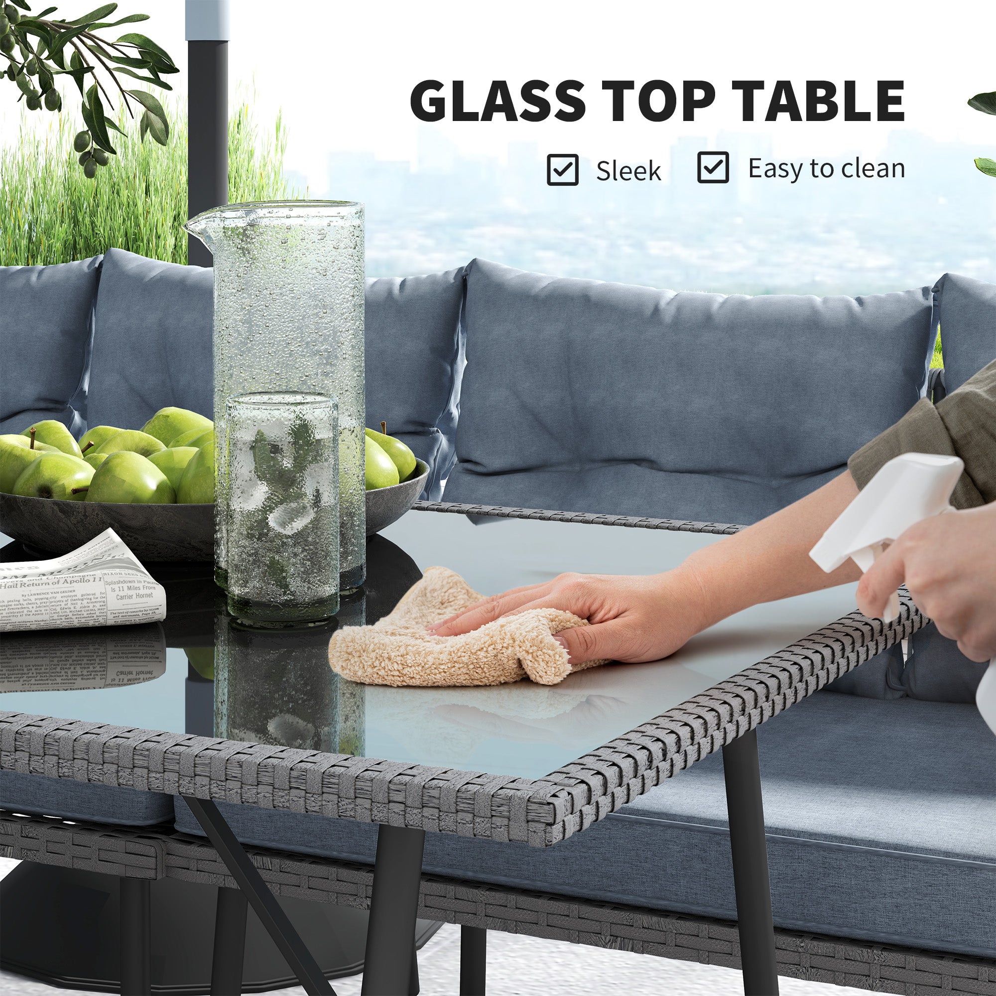 6 Piece Rattan Garden Furniture Set, 8 Seater Garden Corner Sofa with Cushions and Glass Top Table, Sectional Outdoor Furniture Conservatory Set for Patio, Charcoal Grey