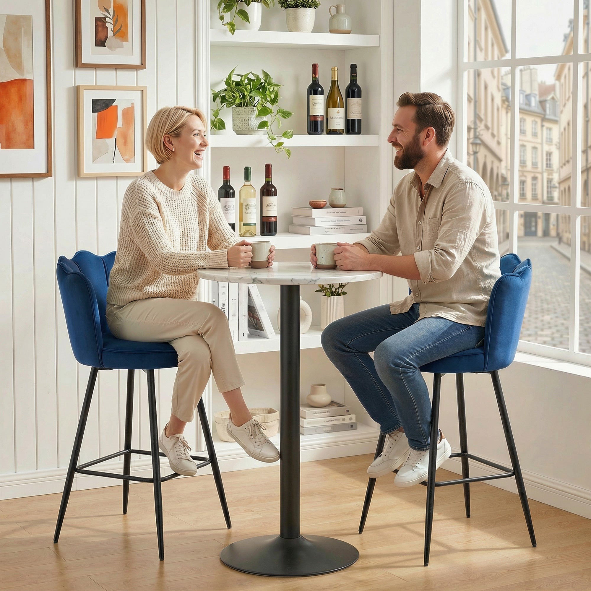 Set of Two Velvet-Feel Lotus Bar Stools - Dark Blue
