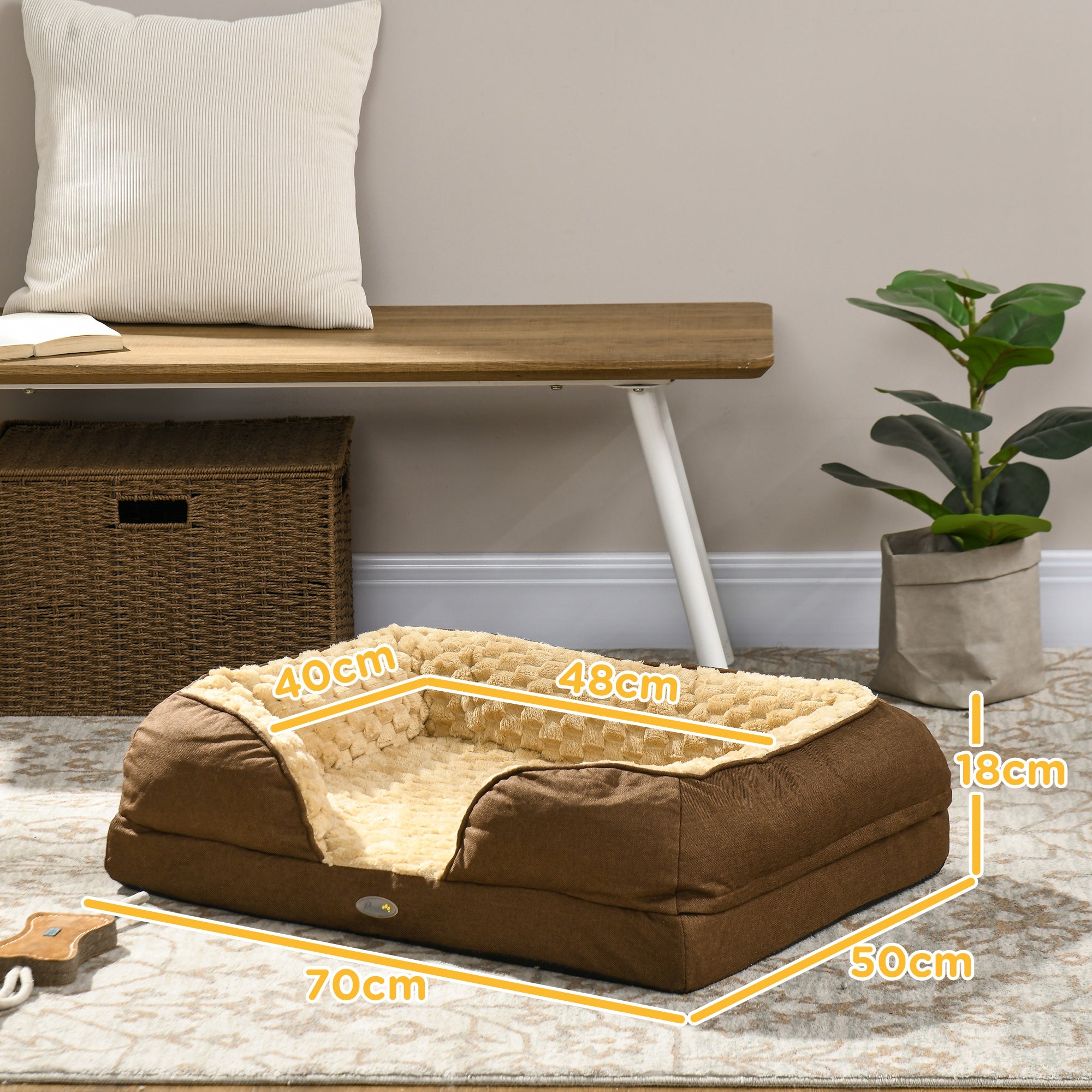 Calming Dog Bed Pet Mattress w/ Removable Cover, Anti-Slip Bottom, for Small Dogs, 70L x 50W x 18Hcm - Brown