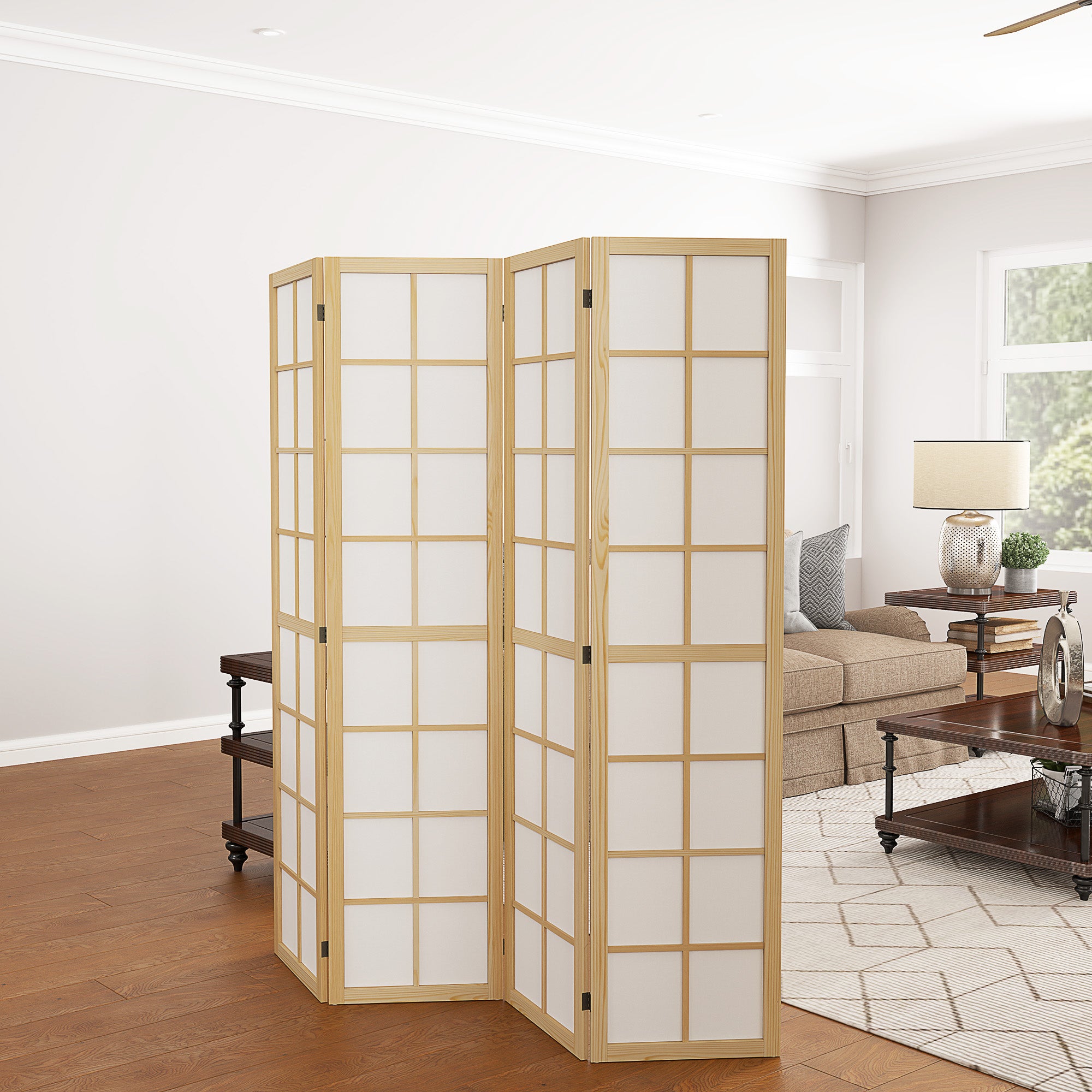 4 Panel Folding Room Divider 160x170cm Freestanding Privacy Screen - Natural Wood Finish