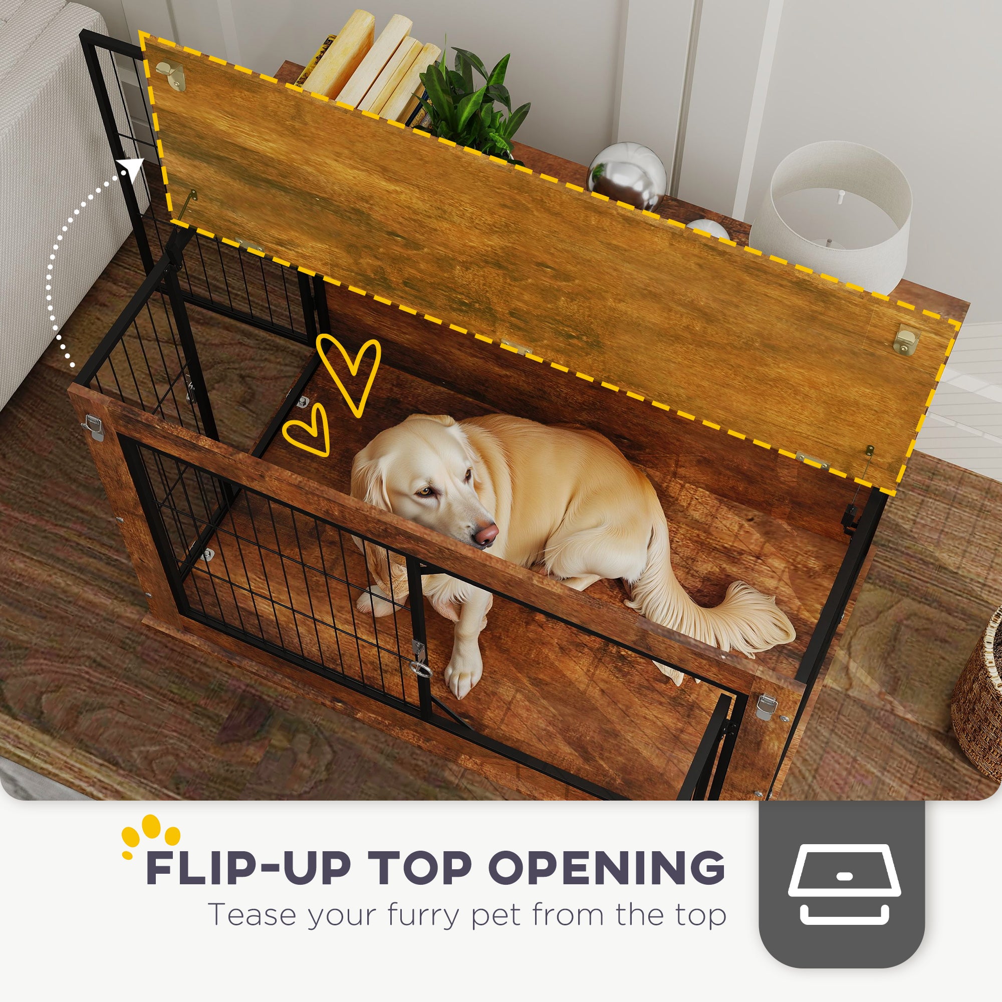 Dog Crate Furniture with Flip-up Top, 2 Doors, for Large Dogs, 98 x 60 x 65.5cm, Rustic Brown