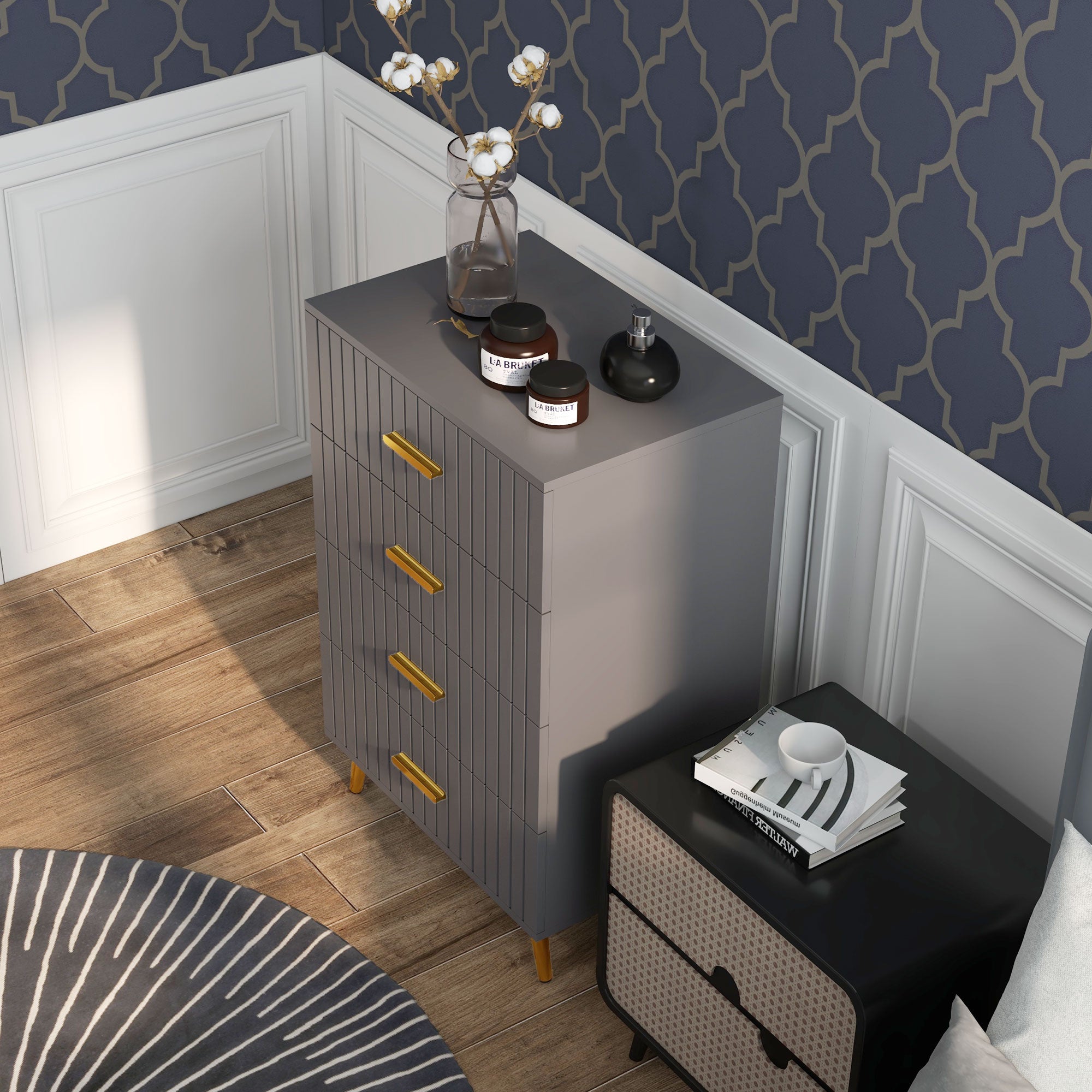 Four Drawer Embossed Line Dresser - Grey/Gold Tone