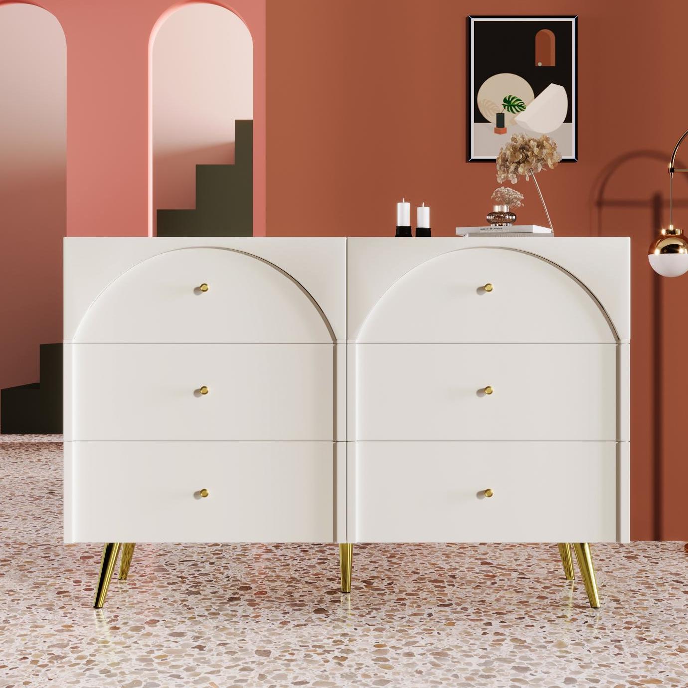 Height Ajustable Sideboard with 6 Storage Drawers, Cabinet with Wood and Metal Construction, 120L x 40W x 85H cm, White