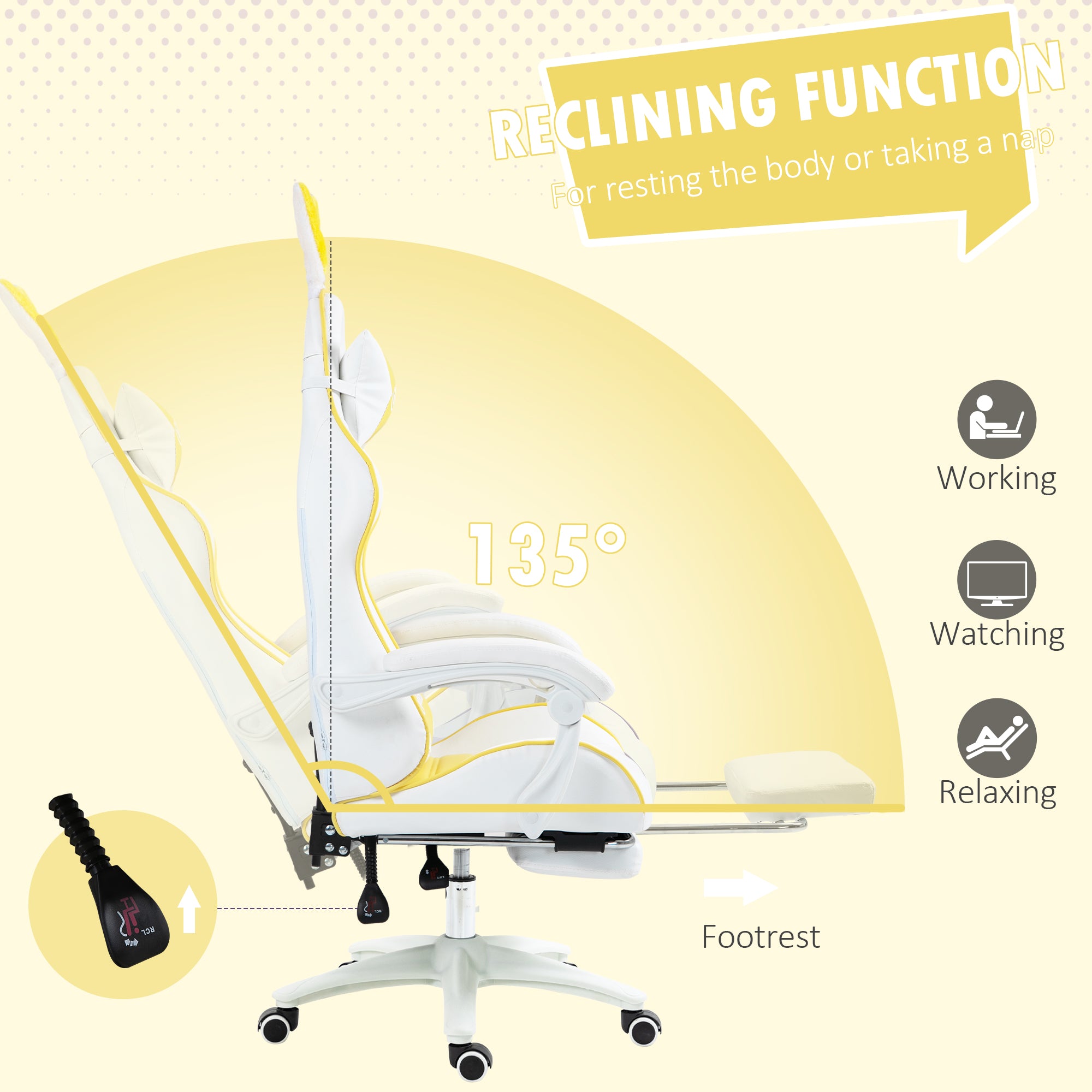 Racing Gaming Chair, Reclining PU Leather Computer Chair with Removable Rabbit Ears, Footrest, Headrest and Lumber Support, Yellow