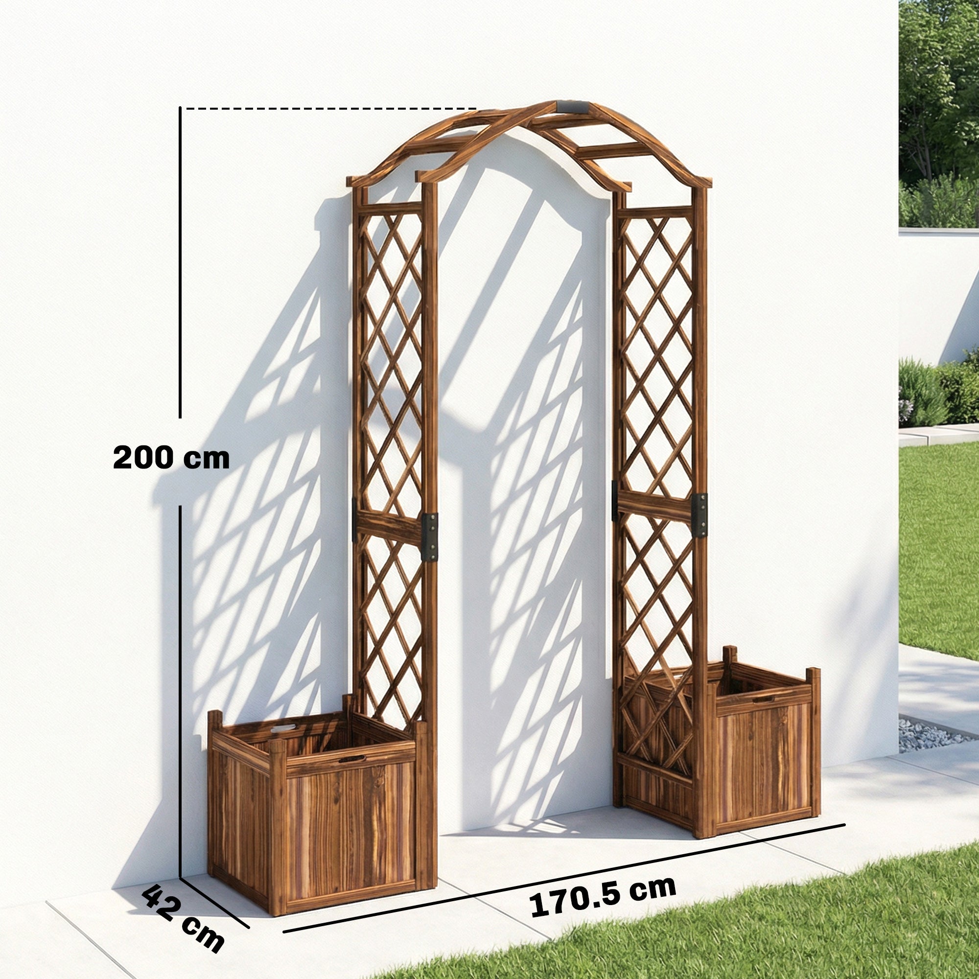 Wooden Garden Arch with 2 Planter Boxes, Outdoor Rose Arch Trellis for Climbing Vines, Carbonised