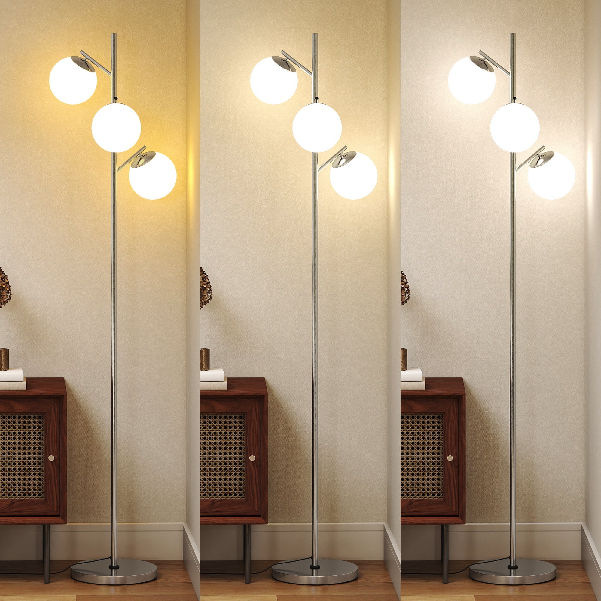 3-Light Tree Floor Lamps for Living Room, Modern Standing Lamp for Bedroom with Globe Lampshade, 3000K/4000K/6000K Colour Temperatures, Steel Base, Silver Tone