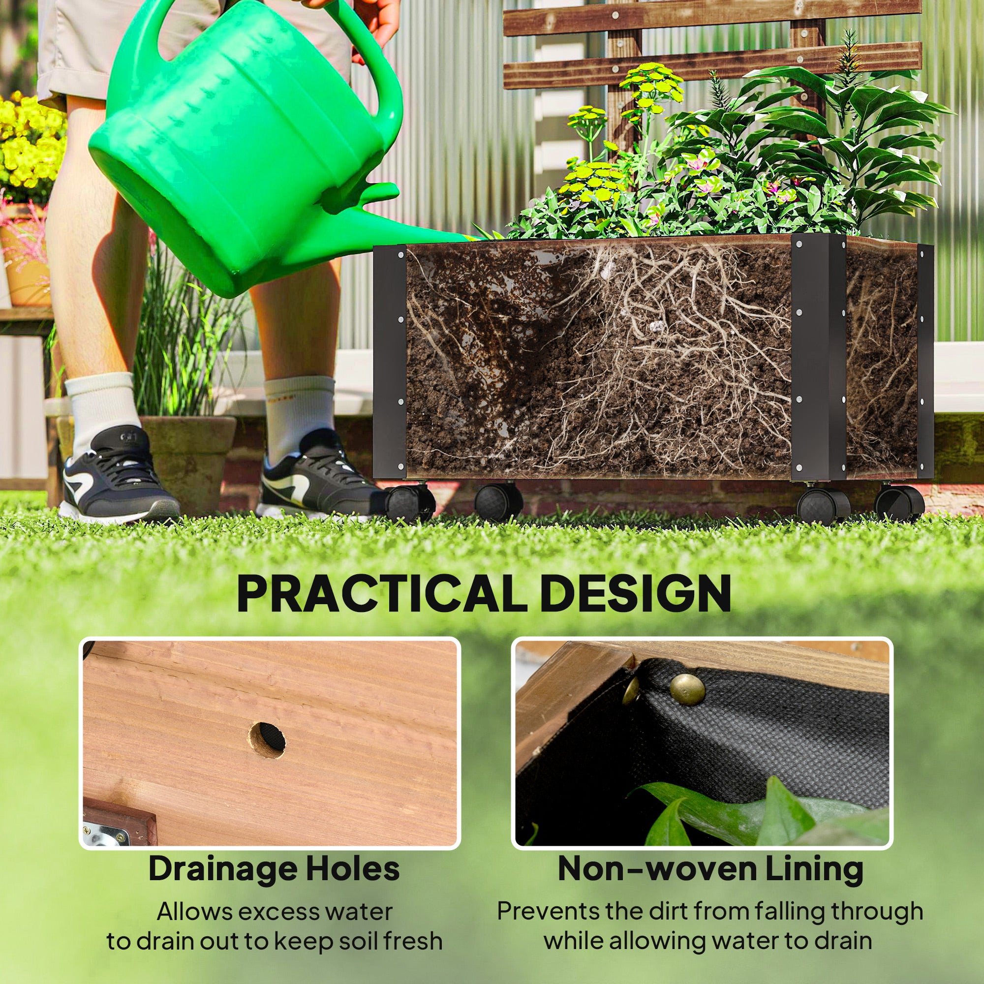 Raised Garden Bed with Trellis, Outdoor Wooden Planter Box with Metal Corners and Wheels, Raised Bed for Garden