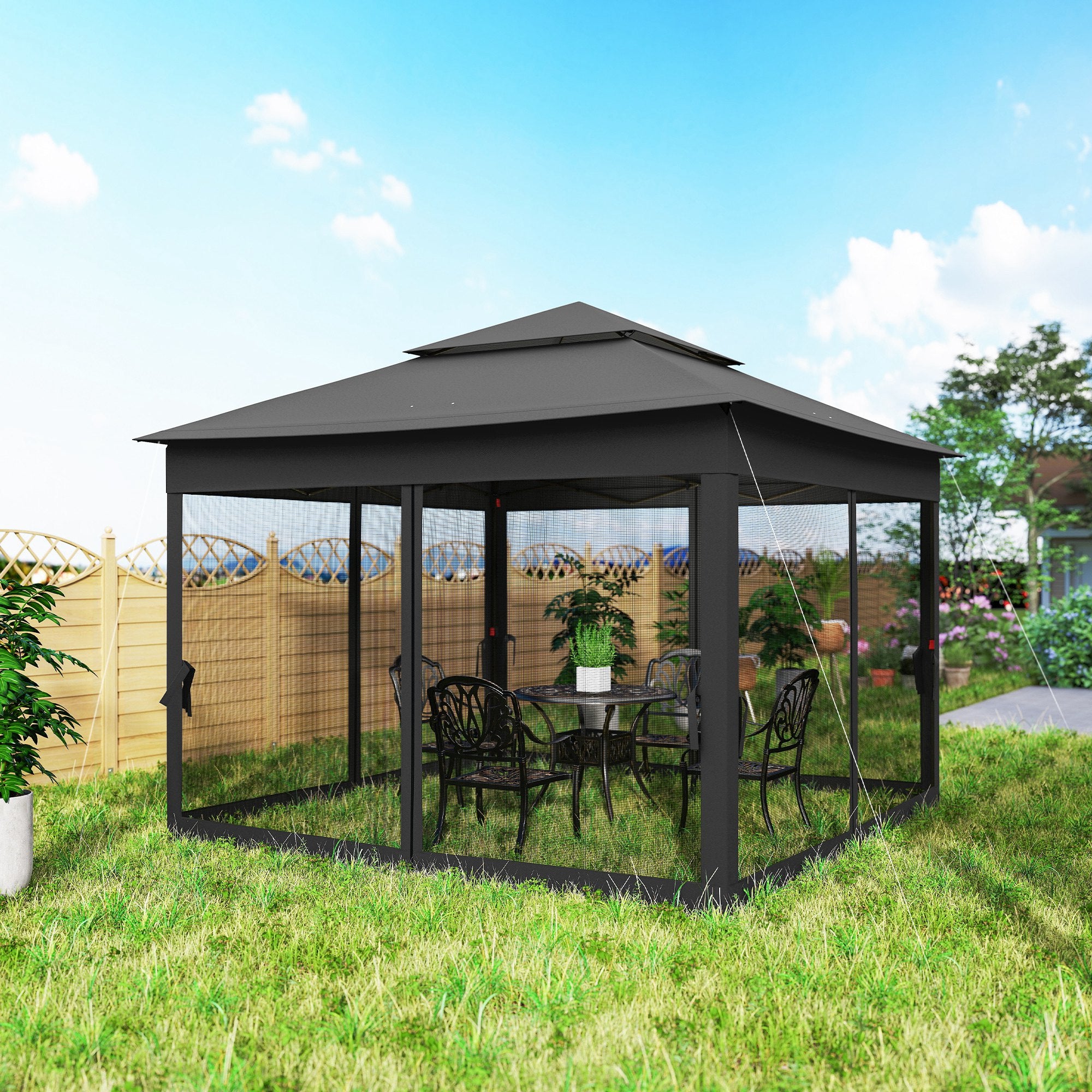 3 x 3(m) Pop Up Gazebo, Double-roof Garden Tent with Netting and Carry Bag, Party Event Shelter, Black