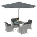 4 Seater Round Rattan Dining Set with Parasol & Cushions - Light Grey
