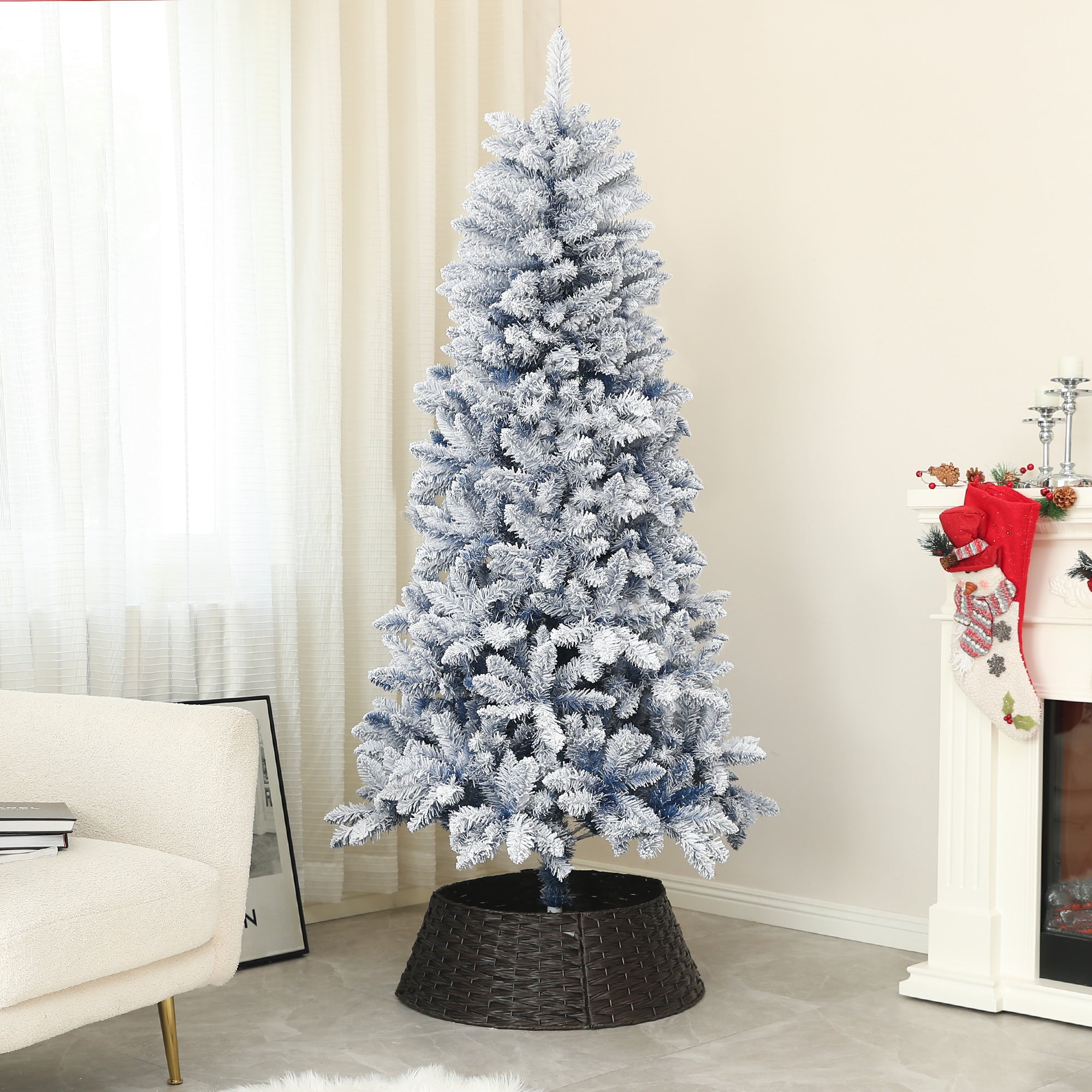 6ft Flocked Artificial Christmas Tree with 700 Snow Frosted Tips, Metal Stand, Snowy Hinged Xmas Tree, Blue