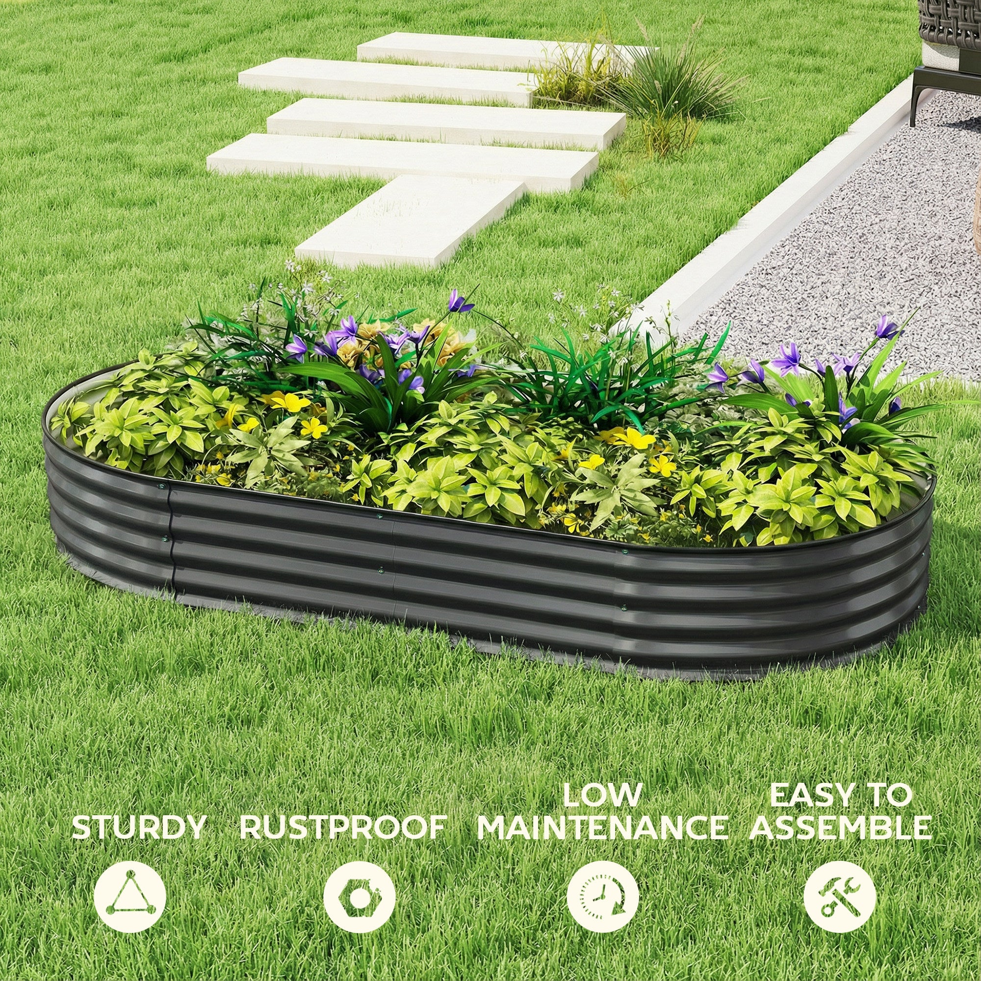 Galvanised Raised Garden Bed, Metal Planter Box with Safety Edging, for Flowers, Herbs, Succulents, Dark Grey