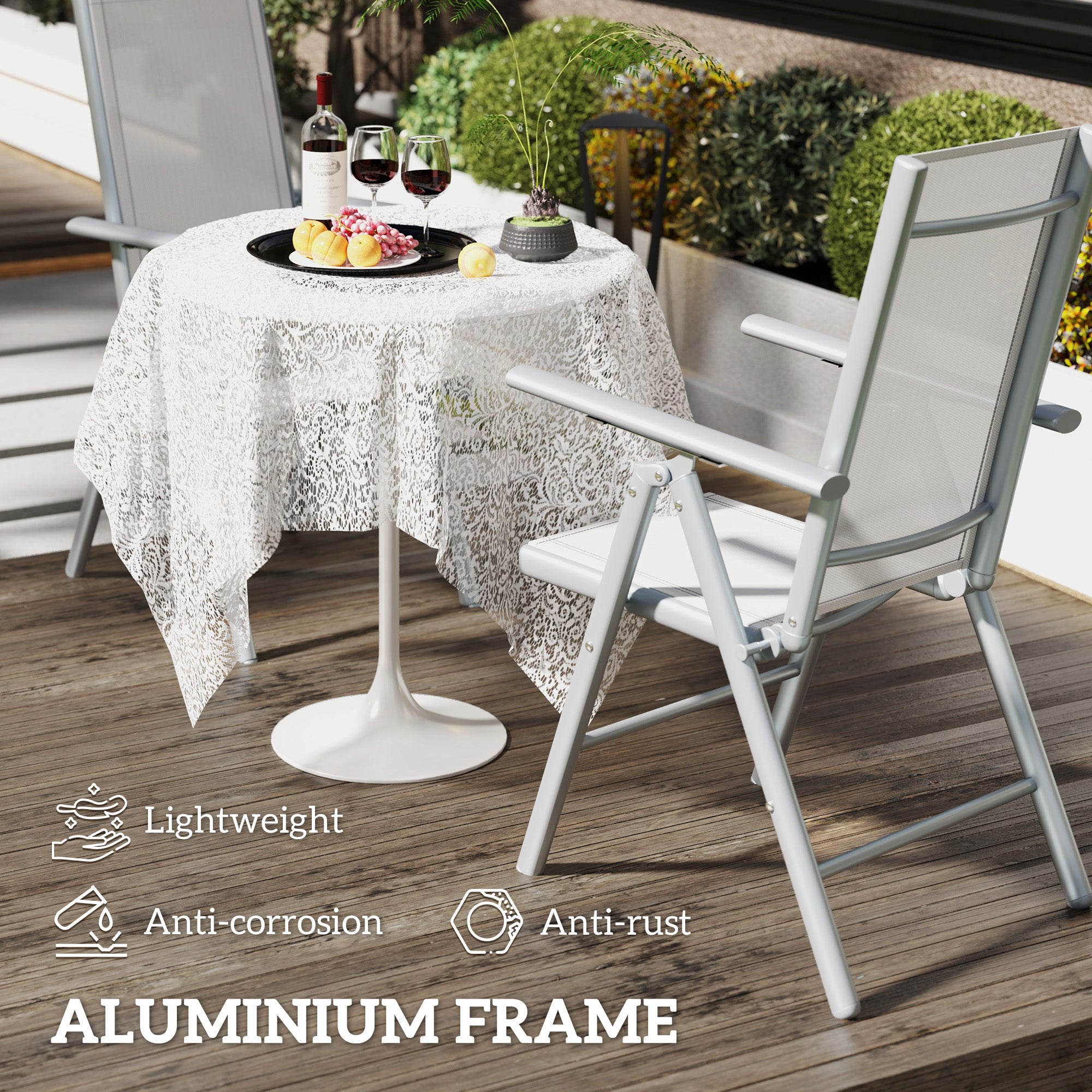 Set of 2 Aluminium Folding Garden Chairs with Mesh Seats - Light Grey