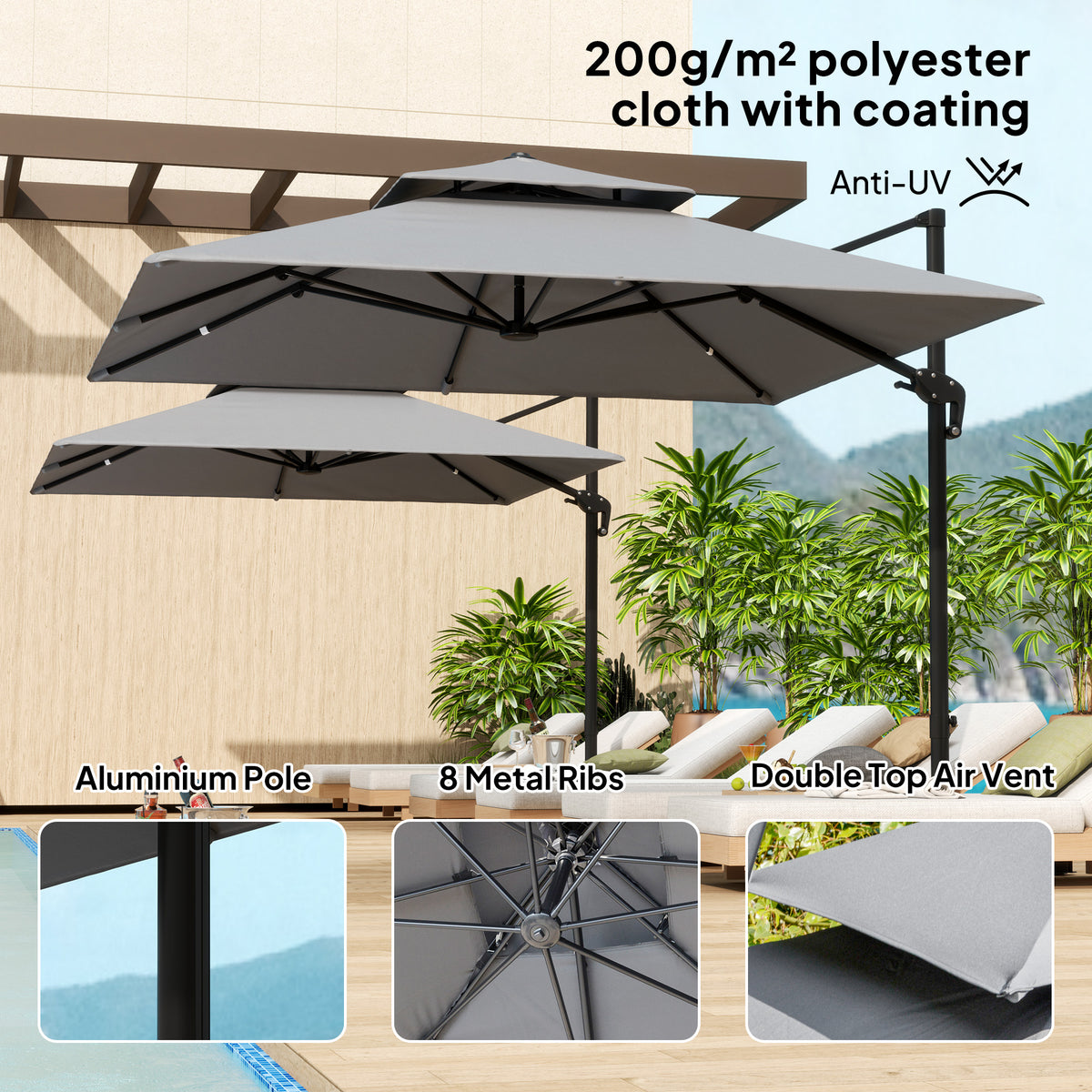 3 x 3m Cantilever Parasol with Aluminium Frame, Crank, Tilt & 360° Rotation, Double Top Garden Umbrella with Base and Cover - Light Grey