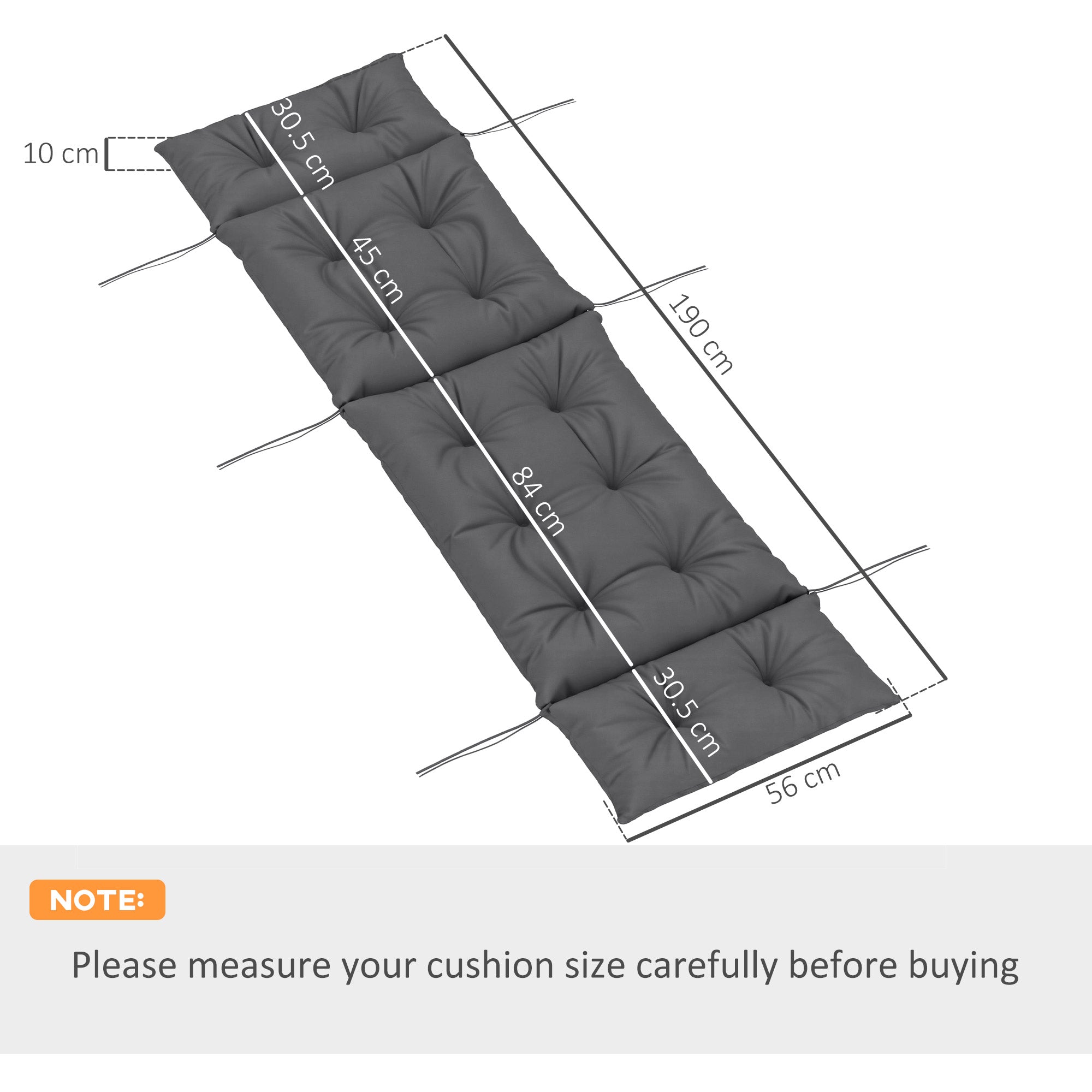 Sun Lounger Cushion 190x56x10cm with 6 Ties UPF20+ 220gsm Fabric - Dark Grey