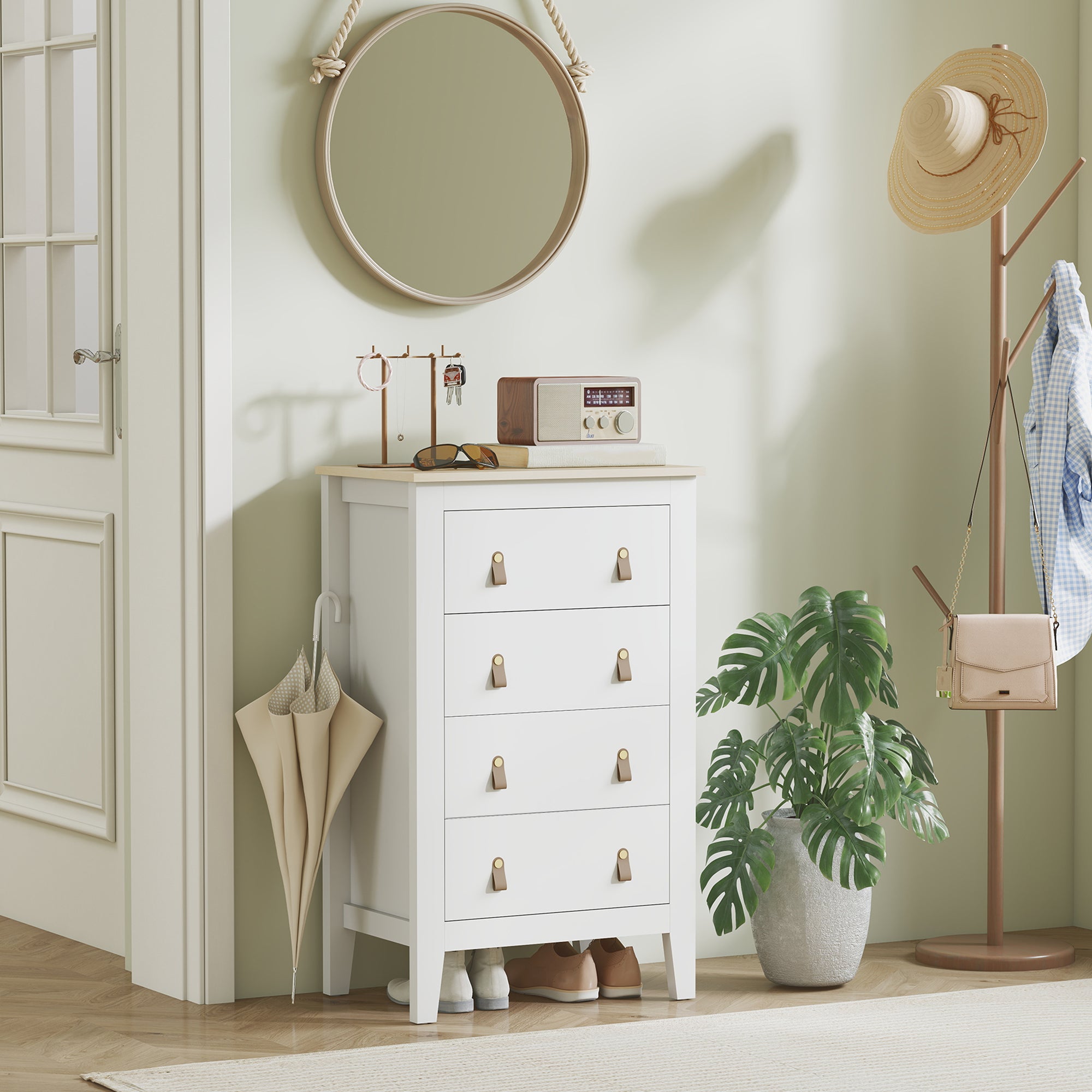 Bedroom Chest of Drawers, Modern 4 Drawer Dresser Cabinet with PU Leather Handles and Metal Runners for Living Room, Hallway, Entryway, 60 x 40 x 98 cm, White