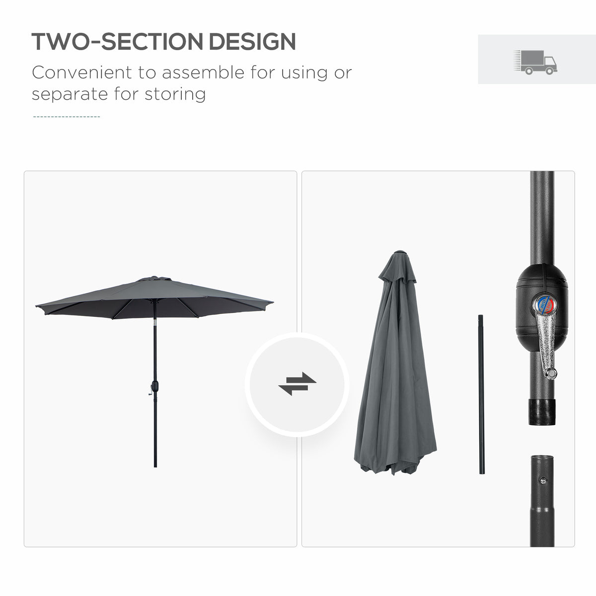 3m Tilting Garden Parasol with 8 Ribs, Crank Handle & Sun Shade for Balcony, Bench - Dark Grey