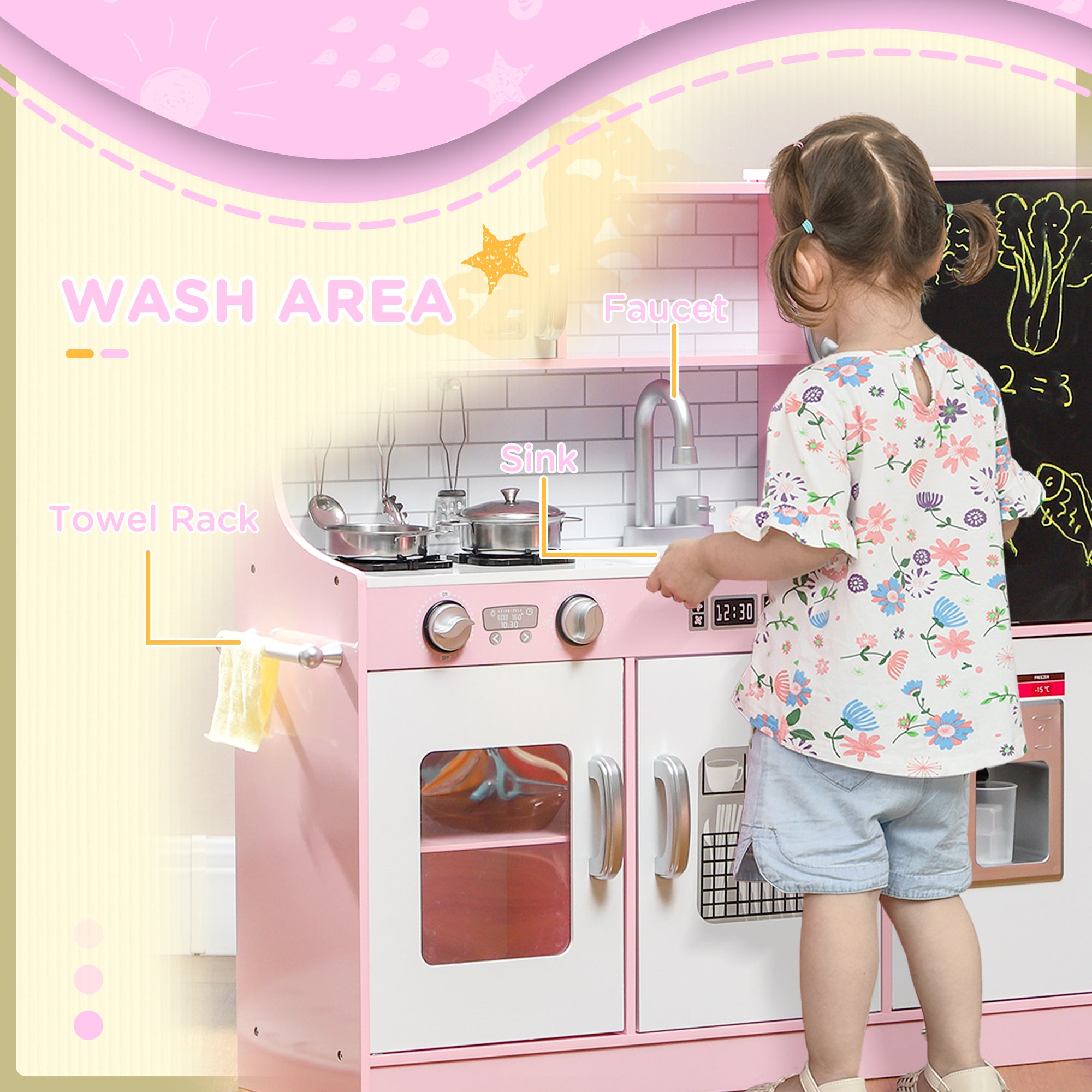 Pretend Play Kitchen Kids Kitchen Playset w/ Toy Phone, Chalkboard, Microwave, Cooking Stove, Sink