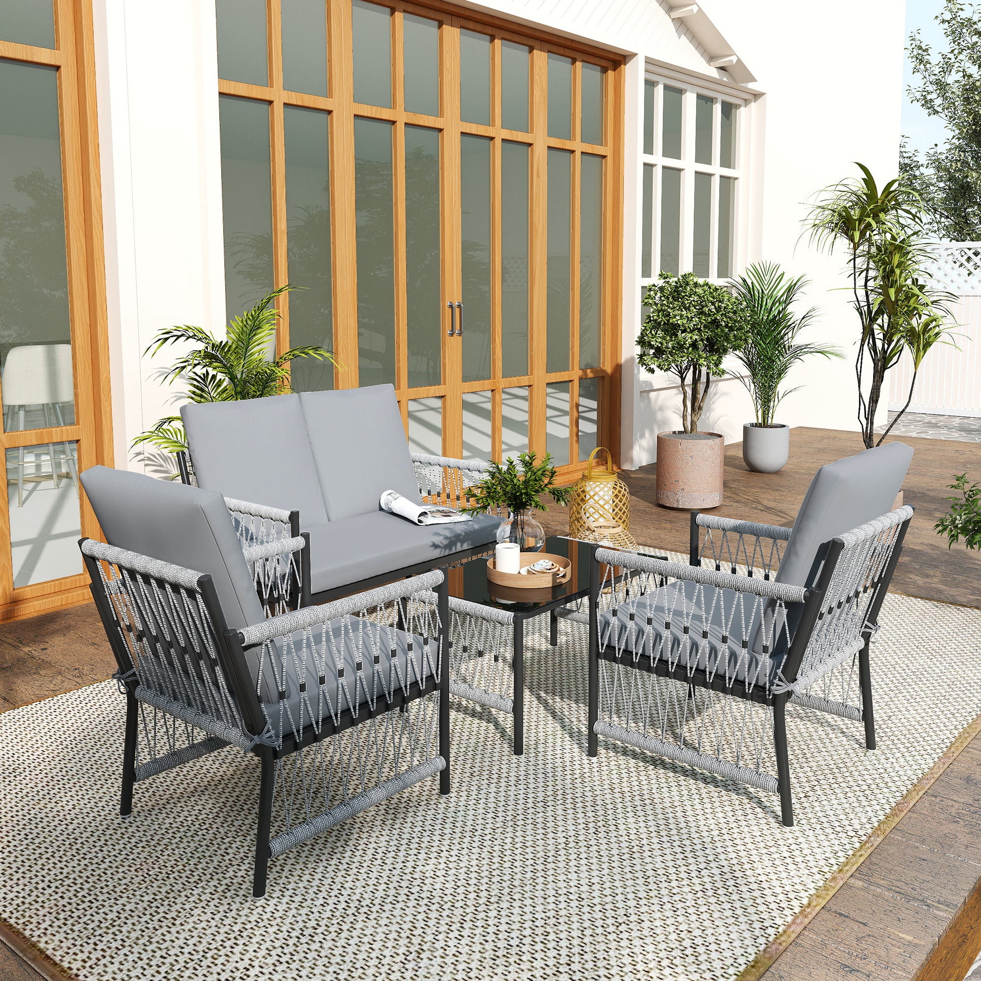 4 Piece Rattan Garden Furniture Set With Cushions Grey