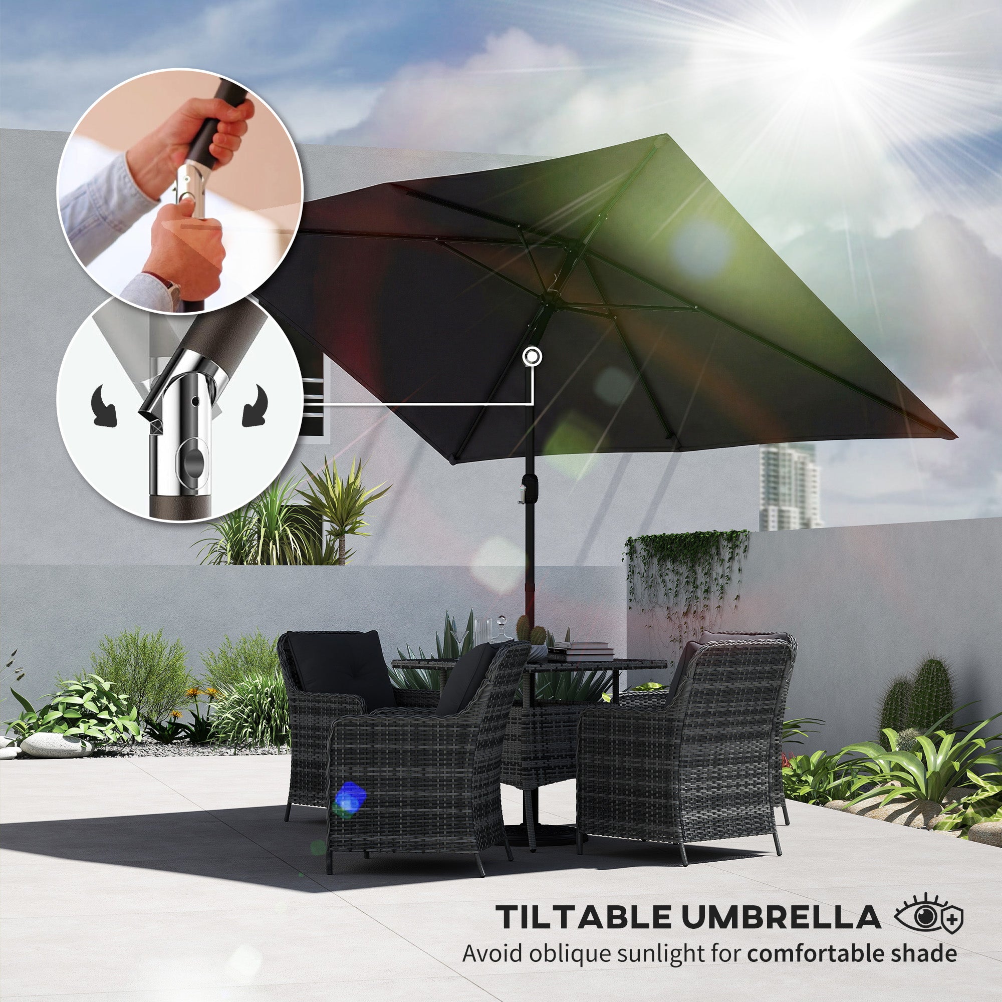 Garden Parasol, Parasol Umbrella with Crank Handle, Tilt Function, Polyester Canopy, Black