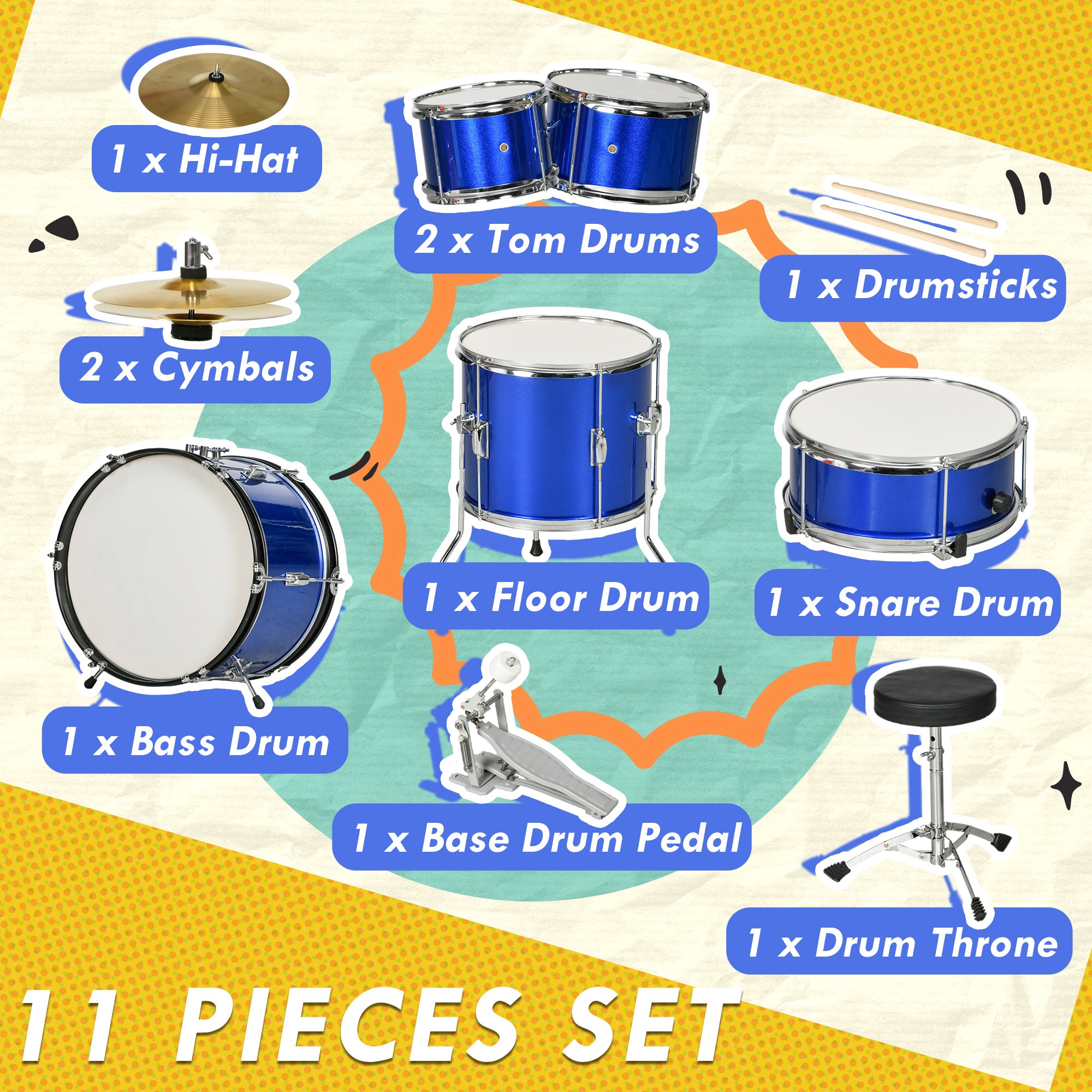 11-Piece Kids Drum Kits w/ Stool, Drumsticks, Pedal, Cymbals, for 3-6 Years, Blue