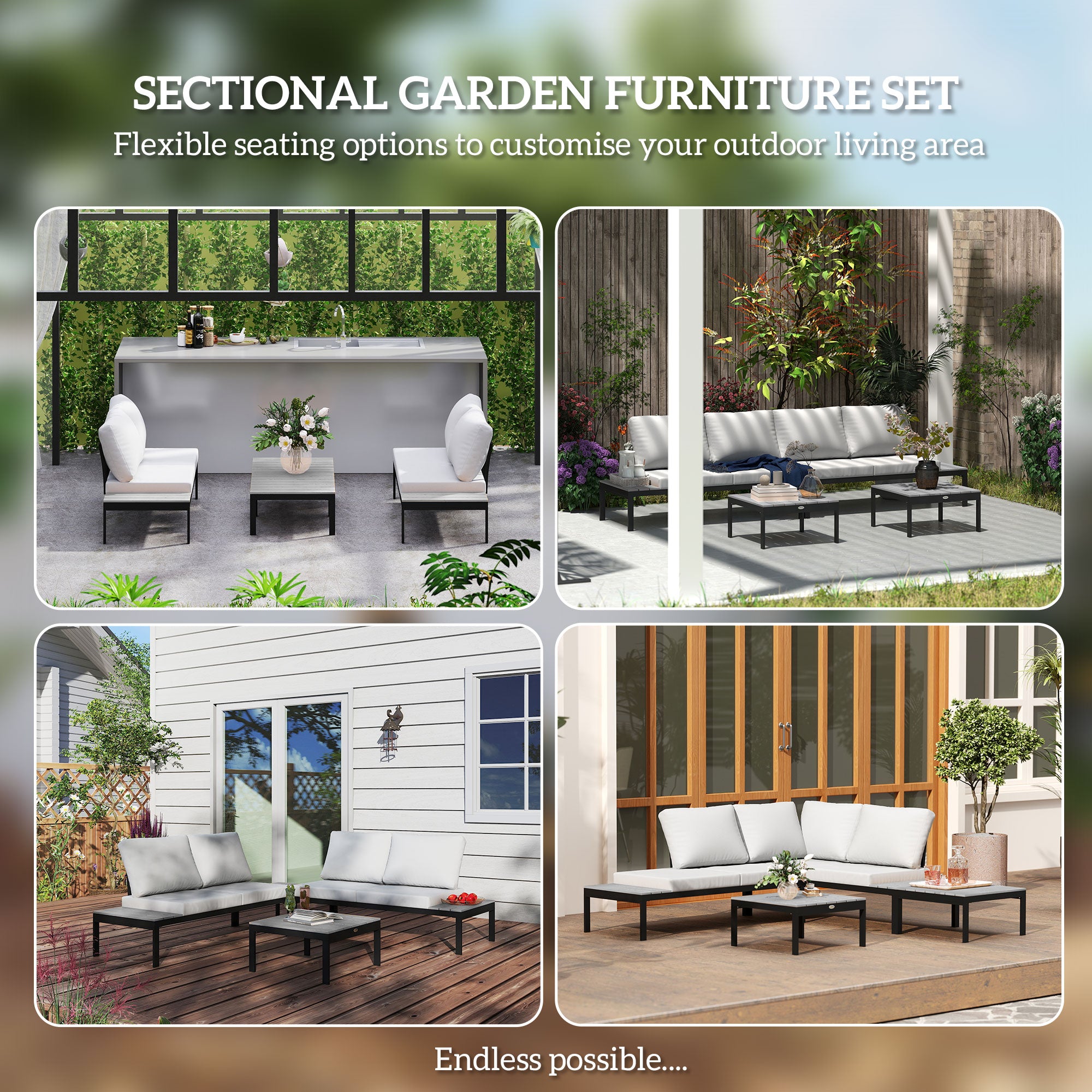 Four-Piece Garden Corner Sofa Set with 2 Loveseats & 2 Coffee Tables - Grey